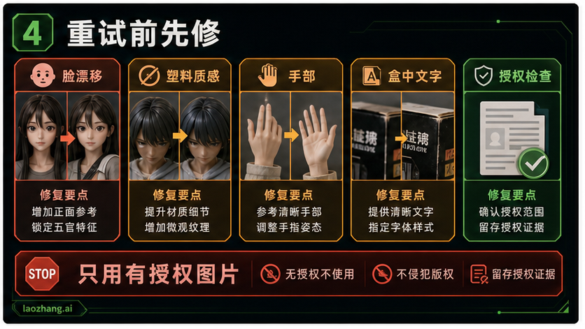 返修清单，展示脸部漂移、塑料质感、手部、包装文字和权利检查