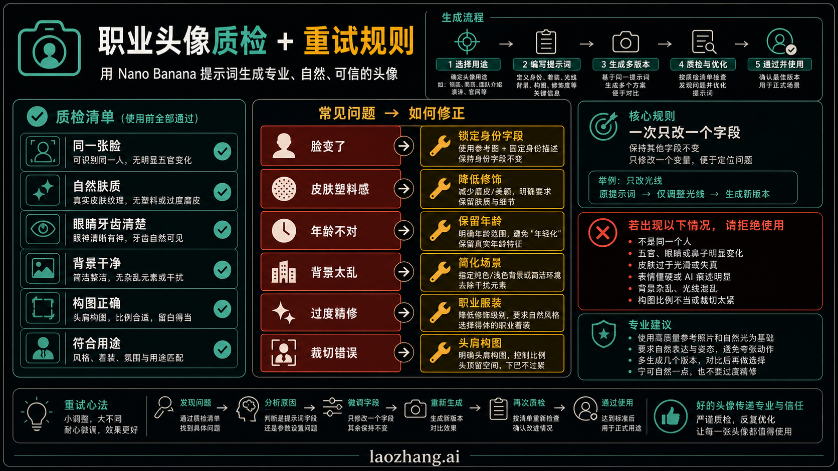 Nano Banana 职业头像 Prompt 信息图，展示用途、授权、身份保持和质检锚点