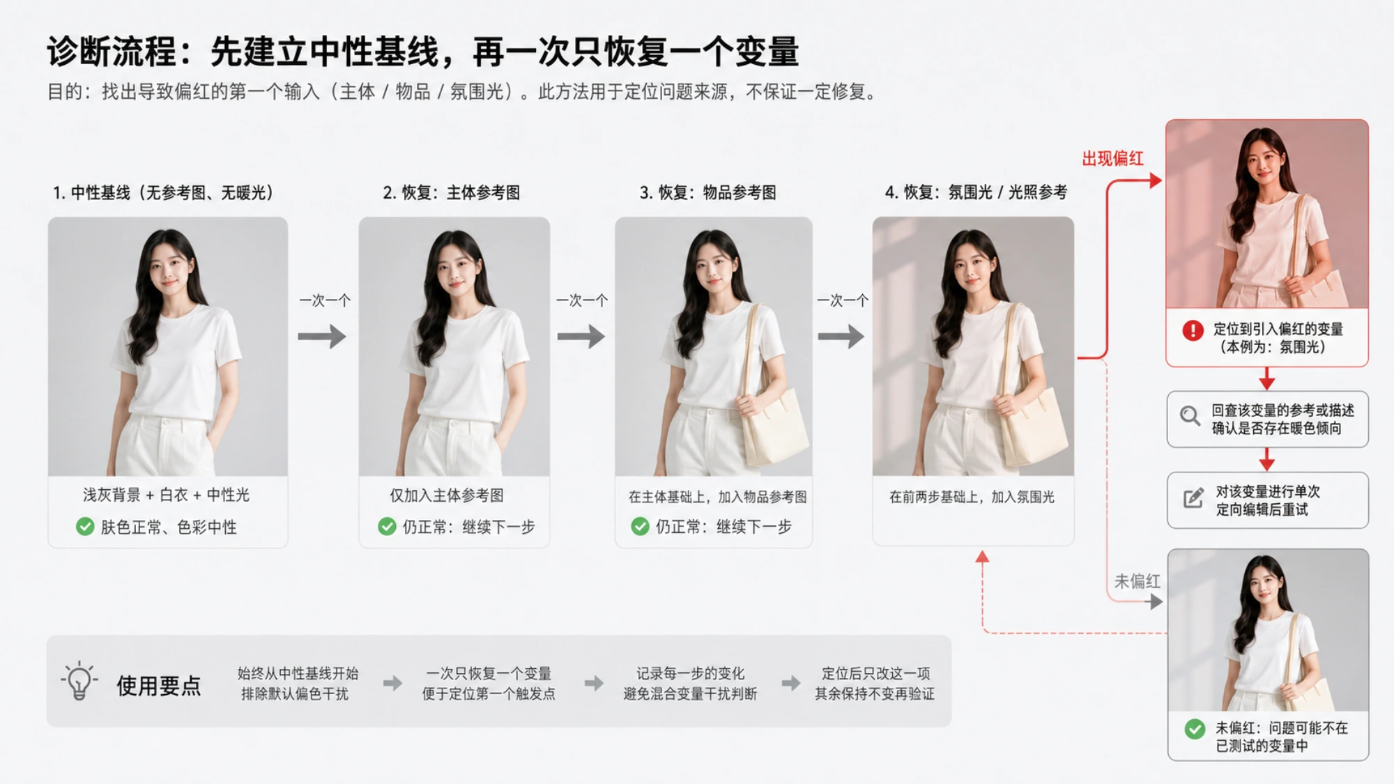 从中性基线开始，逐个恢复参考图、修改目标和氛围光的排查方法