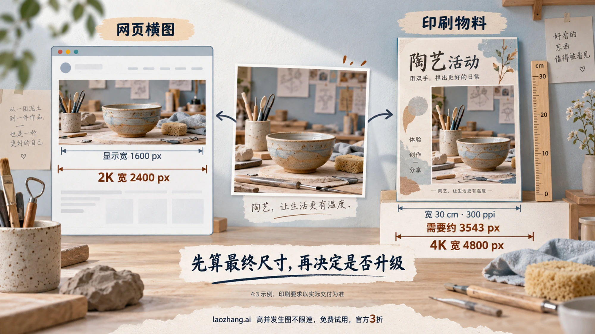 陶艺活动物料的尺寸选择示意:网页横图与 30 厘米印刷物料分别按最终像素需求选择 2K 或 4K
