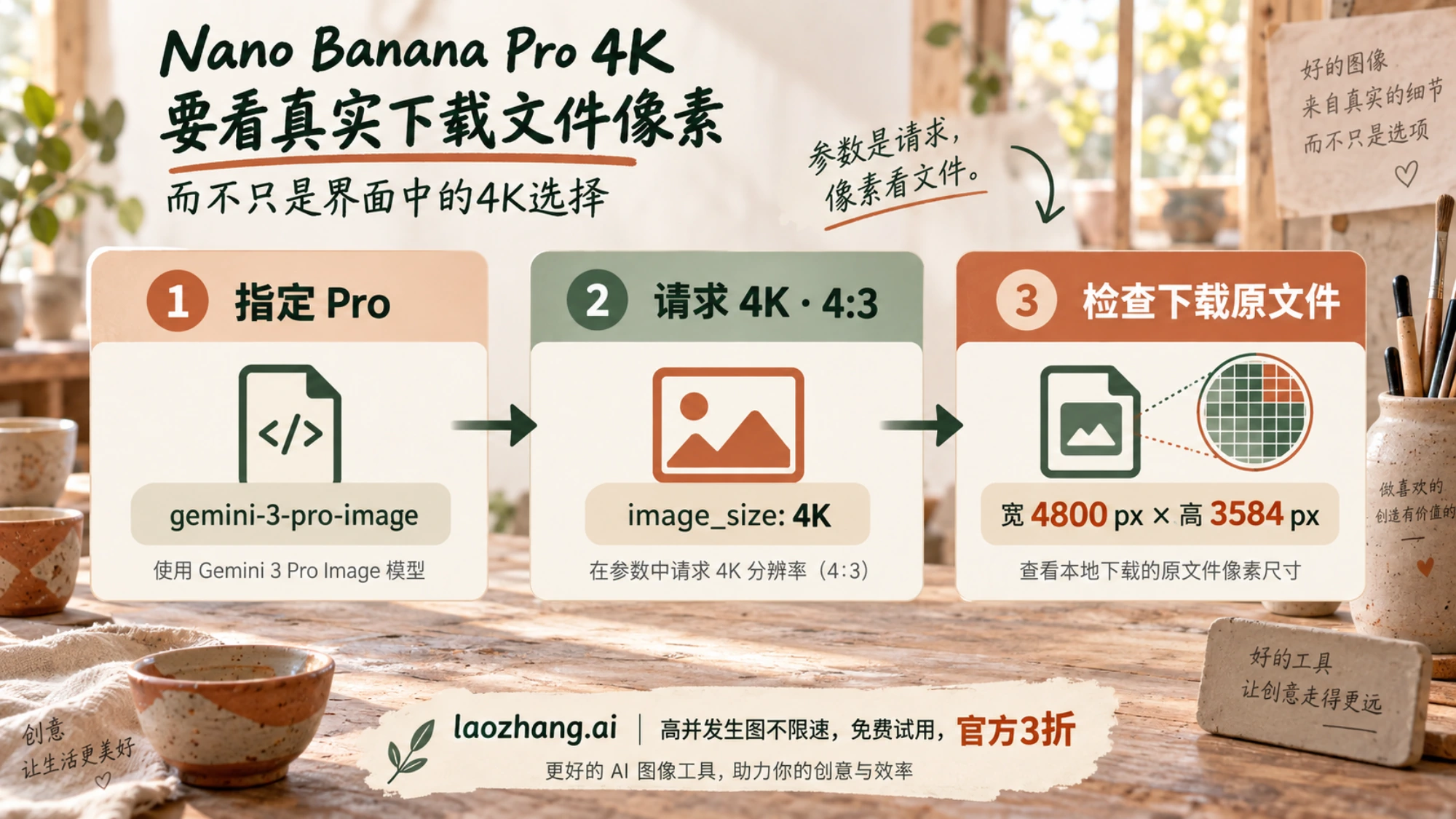 指定 Pro 模型和 4K 档位后，仍需检查下载原文件的宽高；图为陶艺工作坊任务的说明示意