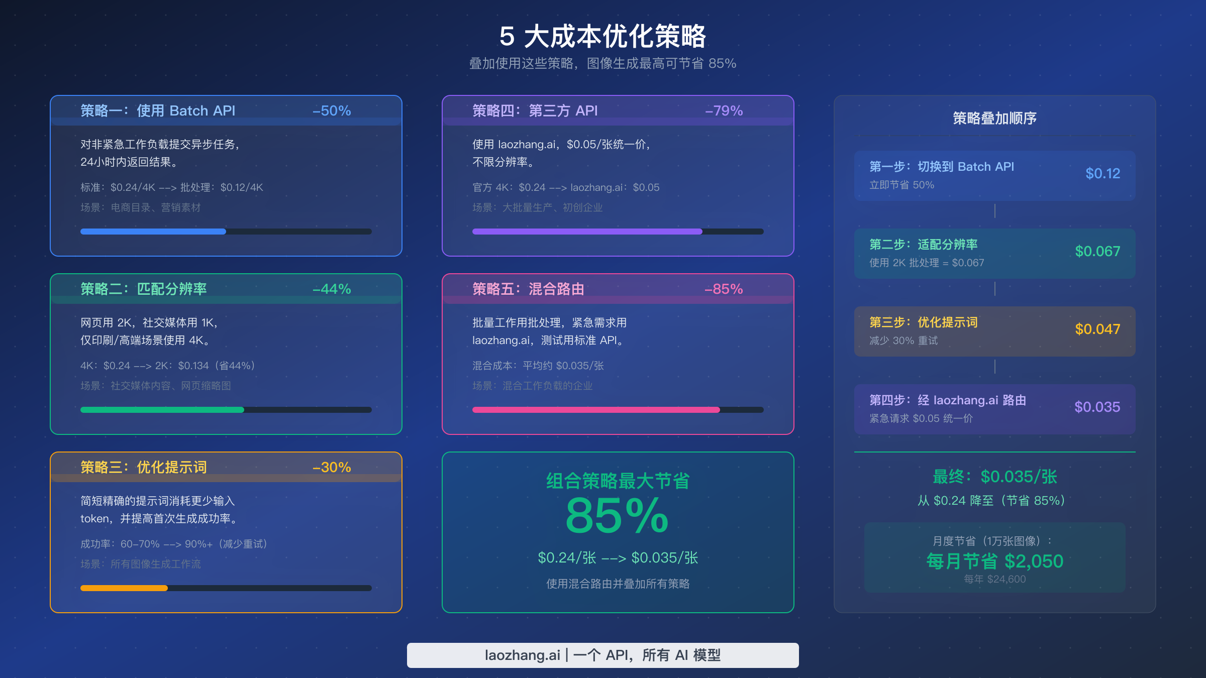 Nano Banana Pro 五种成本优化策略，展示叠加后从30%到85%的节省效果