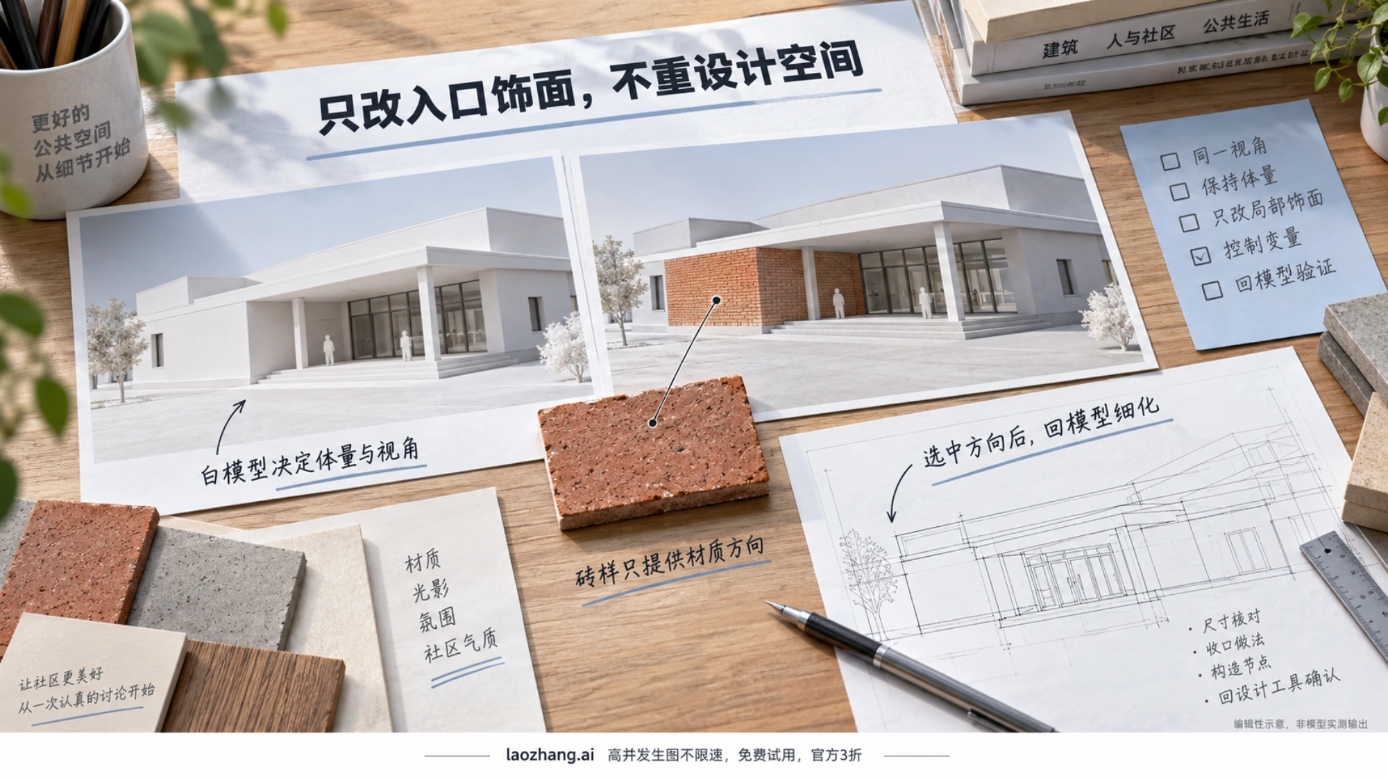 建筑工作台上的白模型视图、入口局部砖饰面概念与后续设计线稿的编辑性示意