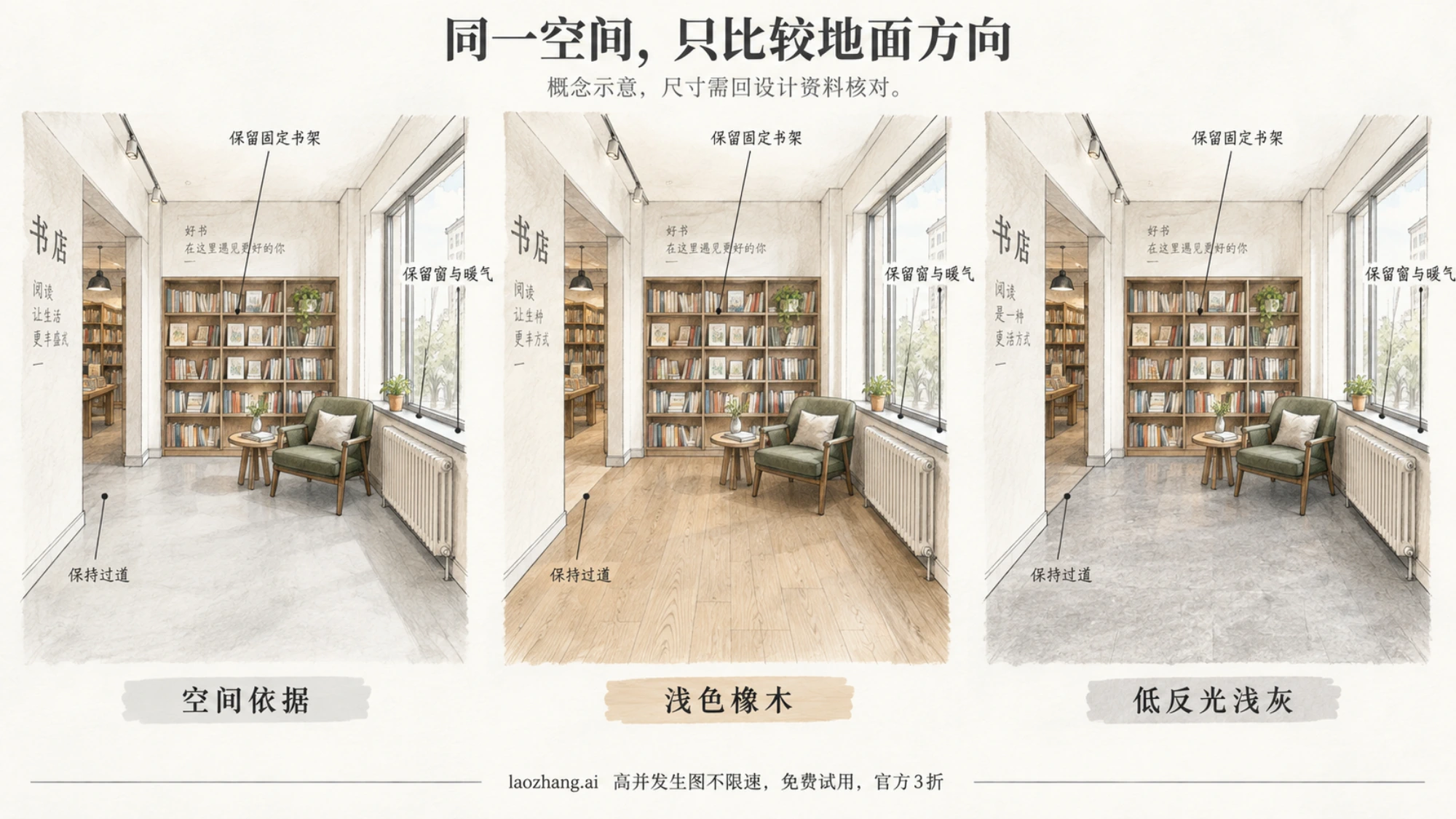 同一书店阅读角分别呈现空间依据、浅色橡木与浅灰地面候选的编辑性示意