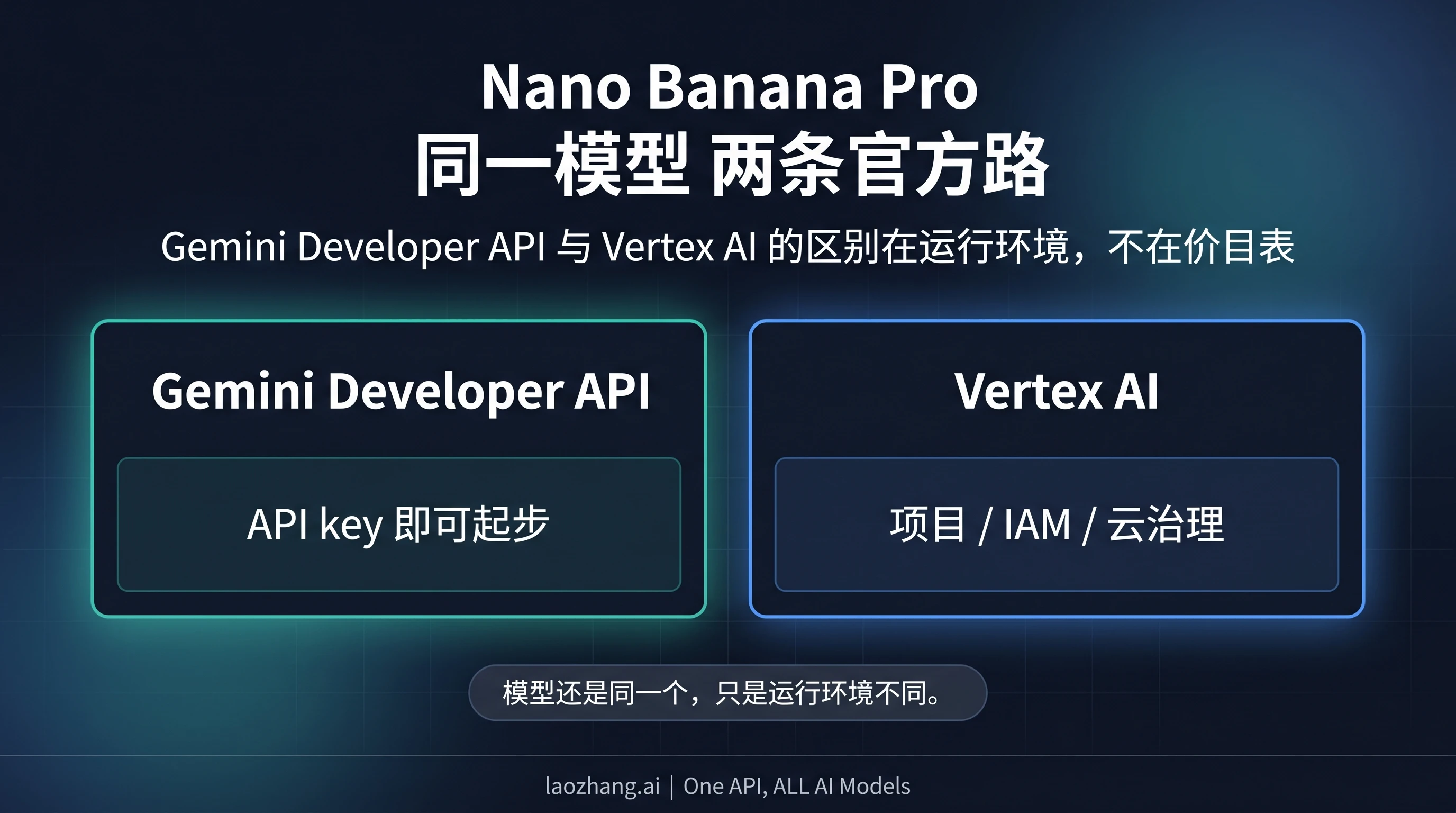 Nano Banana Pro 官方路由图，区分 Gemini Developer API 与 Vertex AI，但强调底层模型相同
