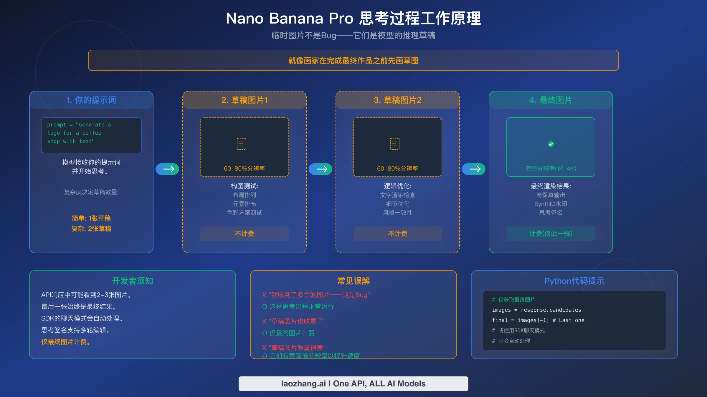 Nano Banana Pro 思考过程流程图，展示草稿图片如何生成最终输出