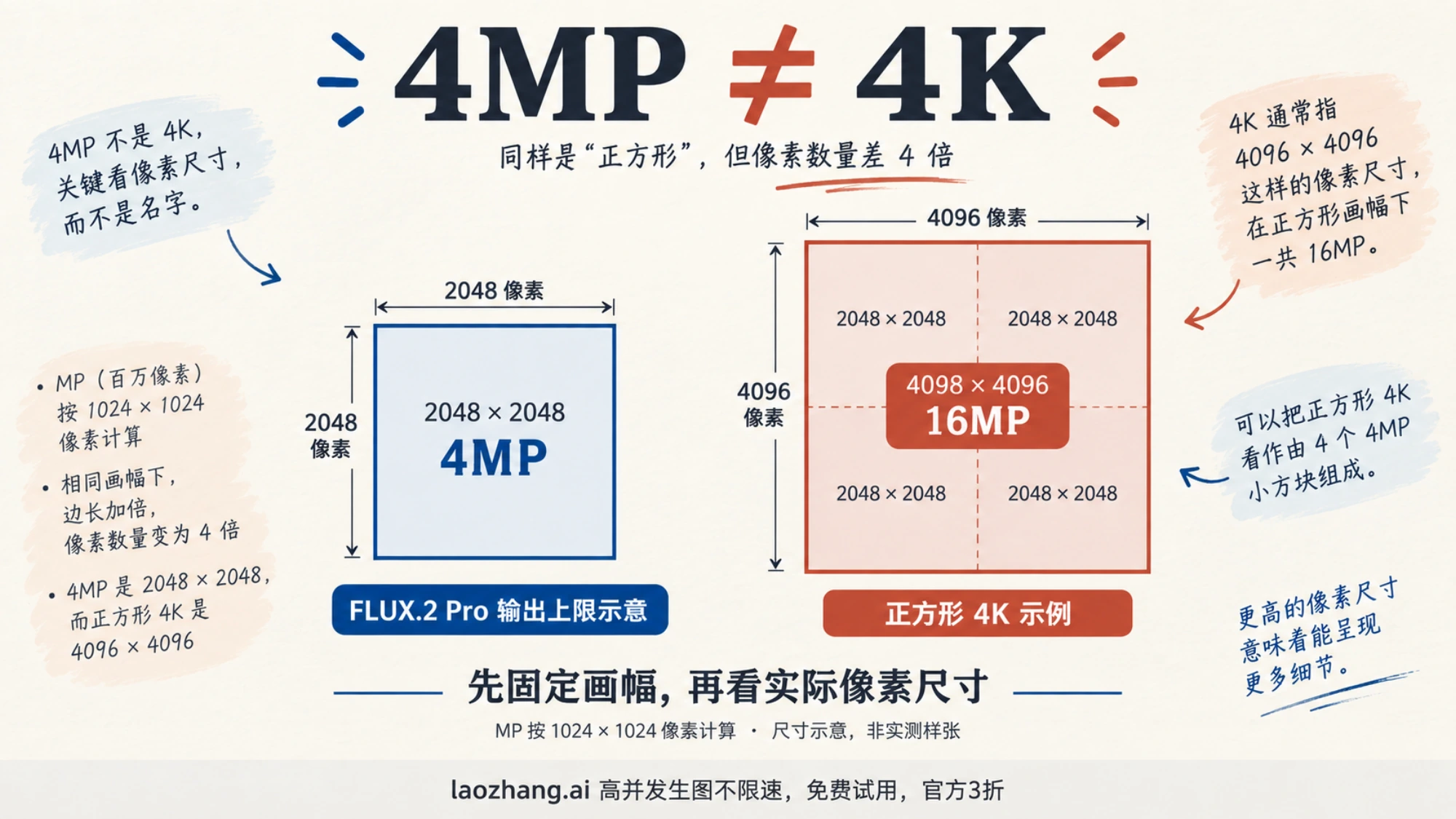 以正方形像素尺寸说明 4MP 与 4K 的区别，帮助对齐两款模型的输出要求