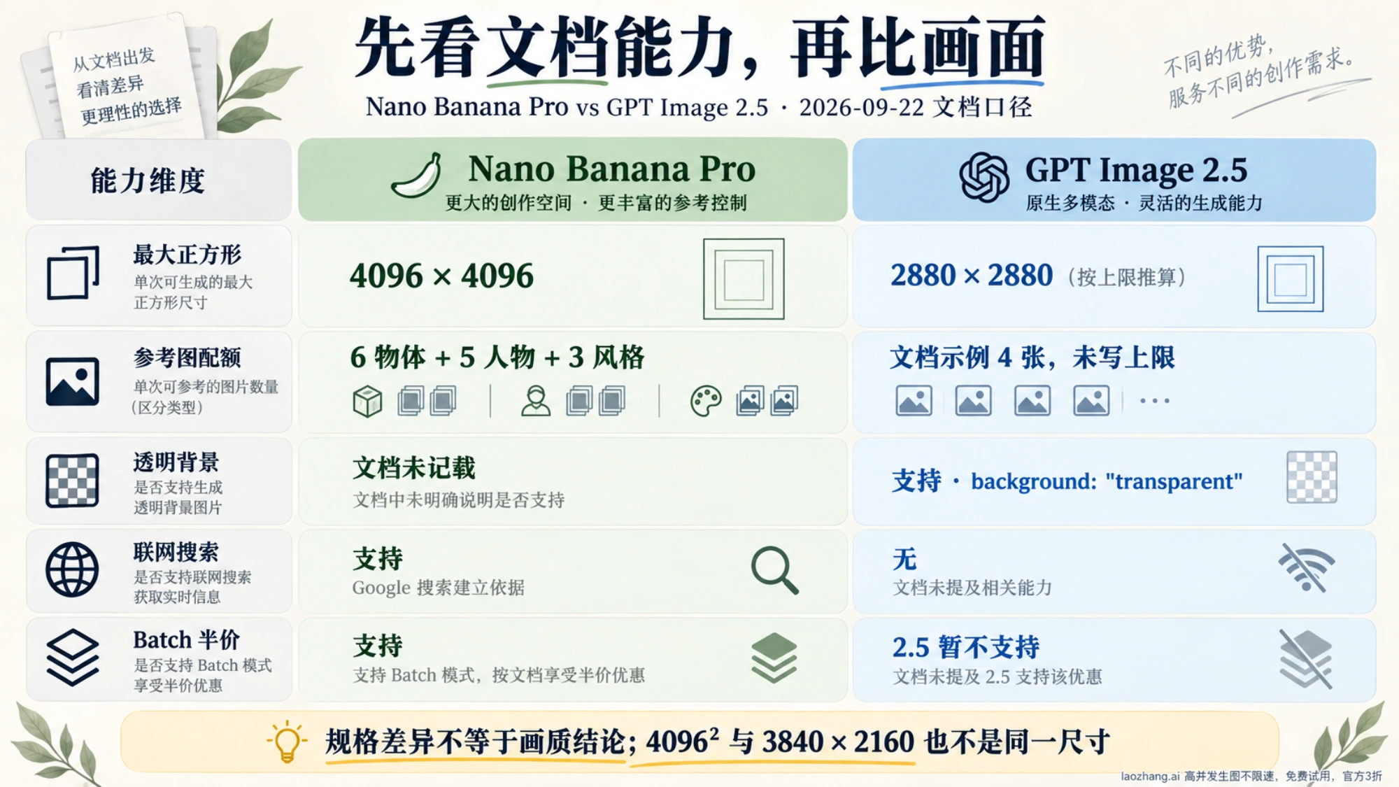 Nano Banana Pro 与 GPT Image 2.5 文档上限对照卡：最大正方形、参考图配额、透明背景、联网搜索、Batch 半价五项