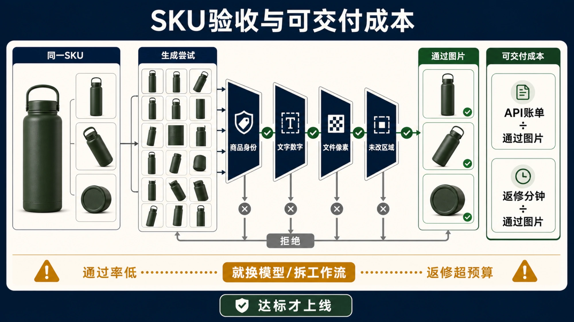 从生成尝试到商品身份、文字、尺寸和返修检查，再计算每张通过验收图片成本的流程