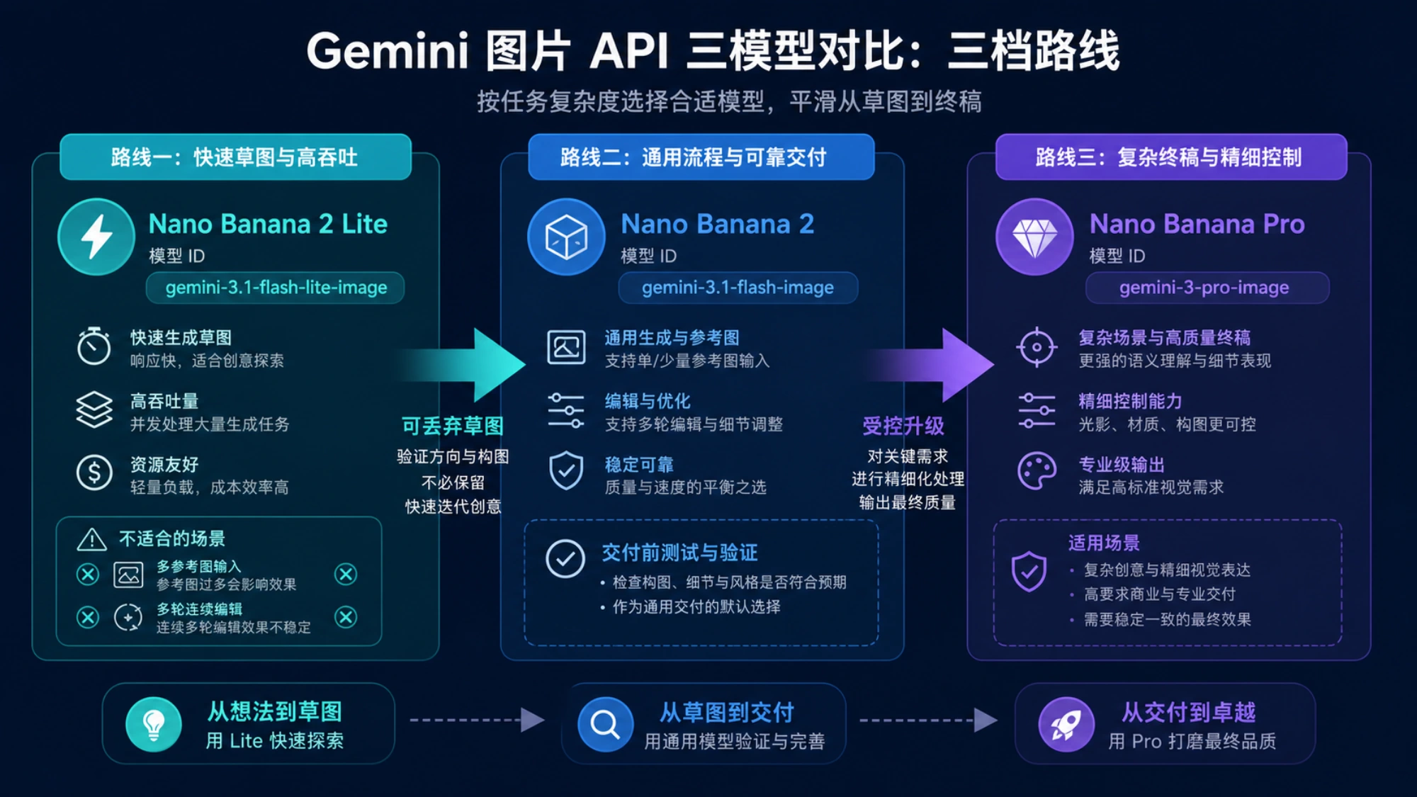 Gemini 应用与 API 中 Nano Banana 2 Lite、Nano Banana 2 和 Pro 的不同入口