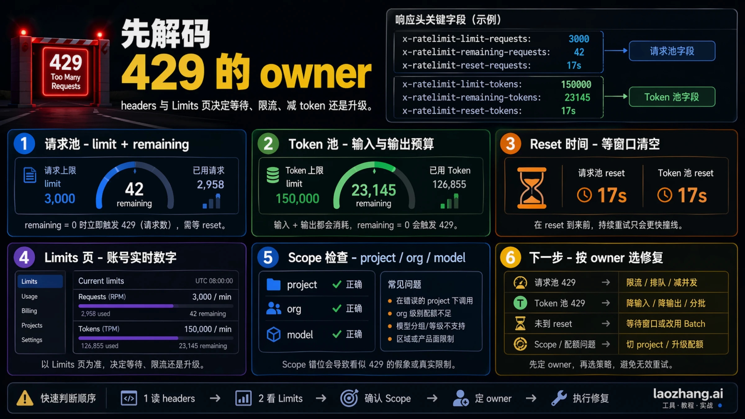 OpenAI API headers 解码图：请求上限、token 上限、reset 定时与账号 Limits 页面分开判断