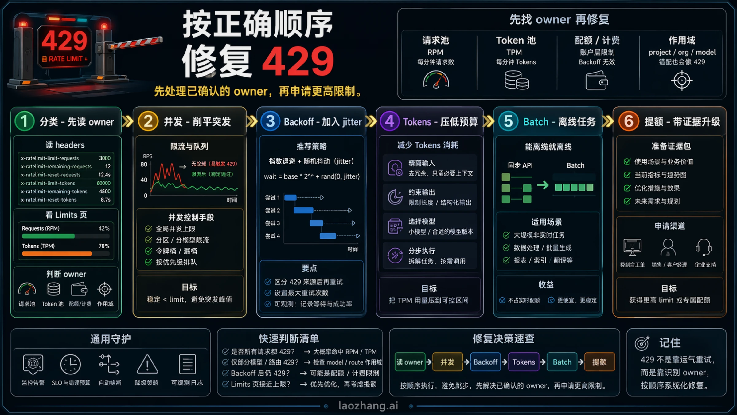 OpenAI API 429 修复梯子：先判 owner，再降并发、退避、控 token、队列或 Batch，最后才提额