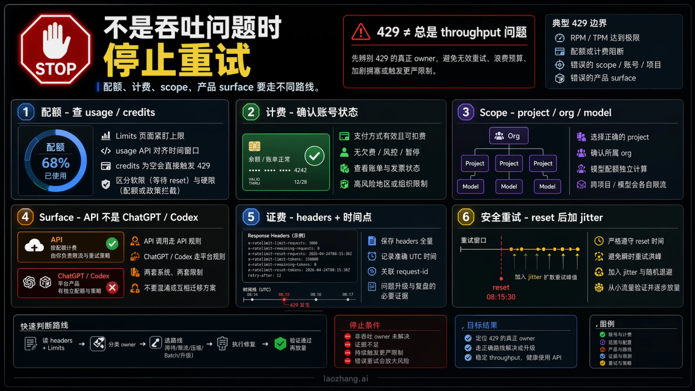 OpenAI API 429 stop rules：把安全重试和 quota、billing、scope、错产品面分开