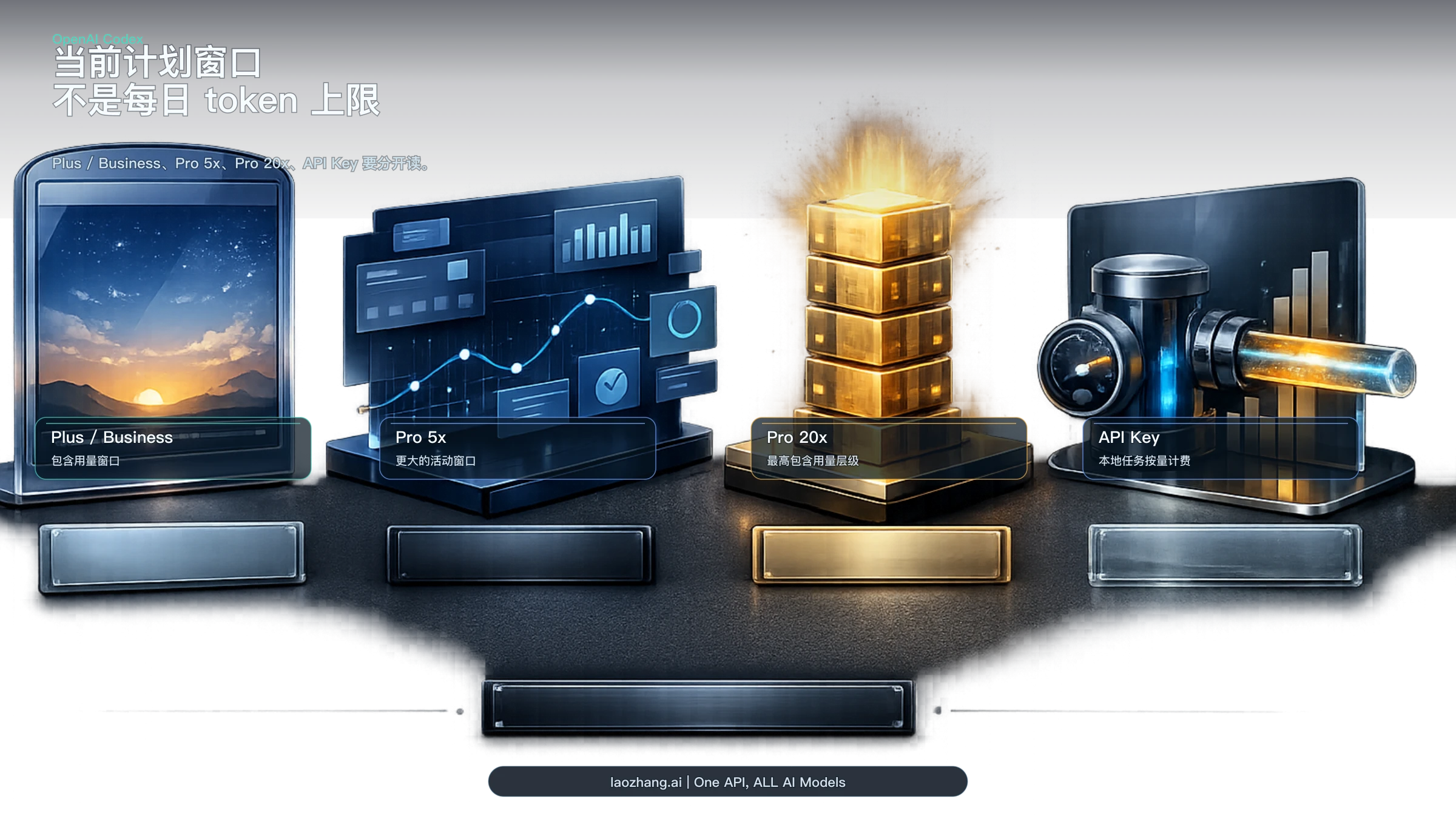 当前 Codex 限制表：Plus、Pro 5x、Pro 20x、Business 和 API Key 是不同路线