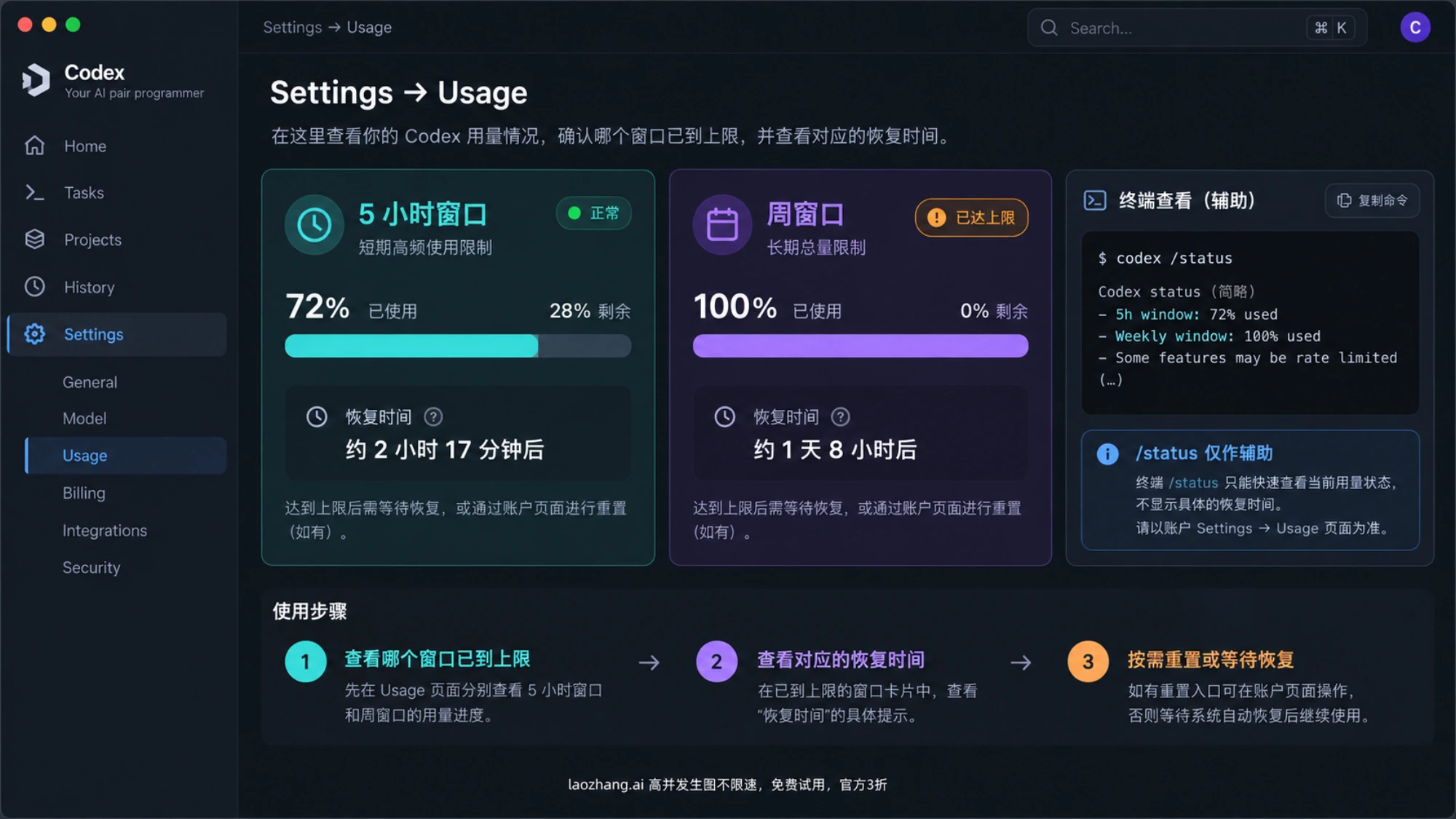 在 Usage 中分别核对 Codex 五小时窗口、周窗口、恢复时间，并用 status 辅助查看状态