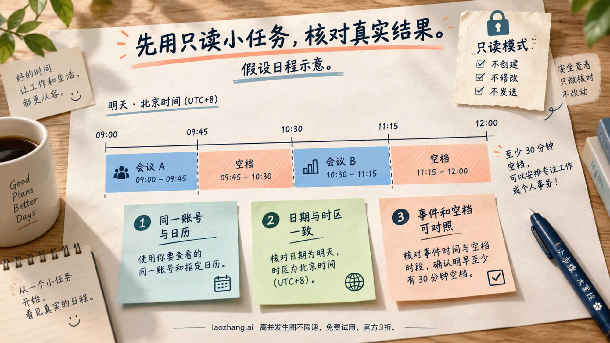 假设的会议时间轴及空档，用于说明只读日历任务怎样核对账号、时区和事件