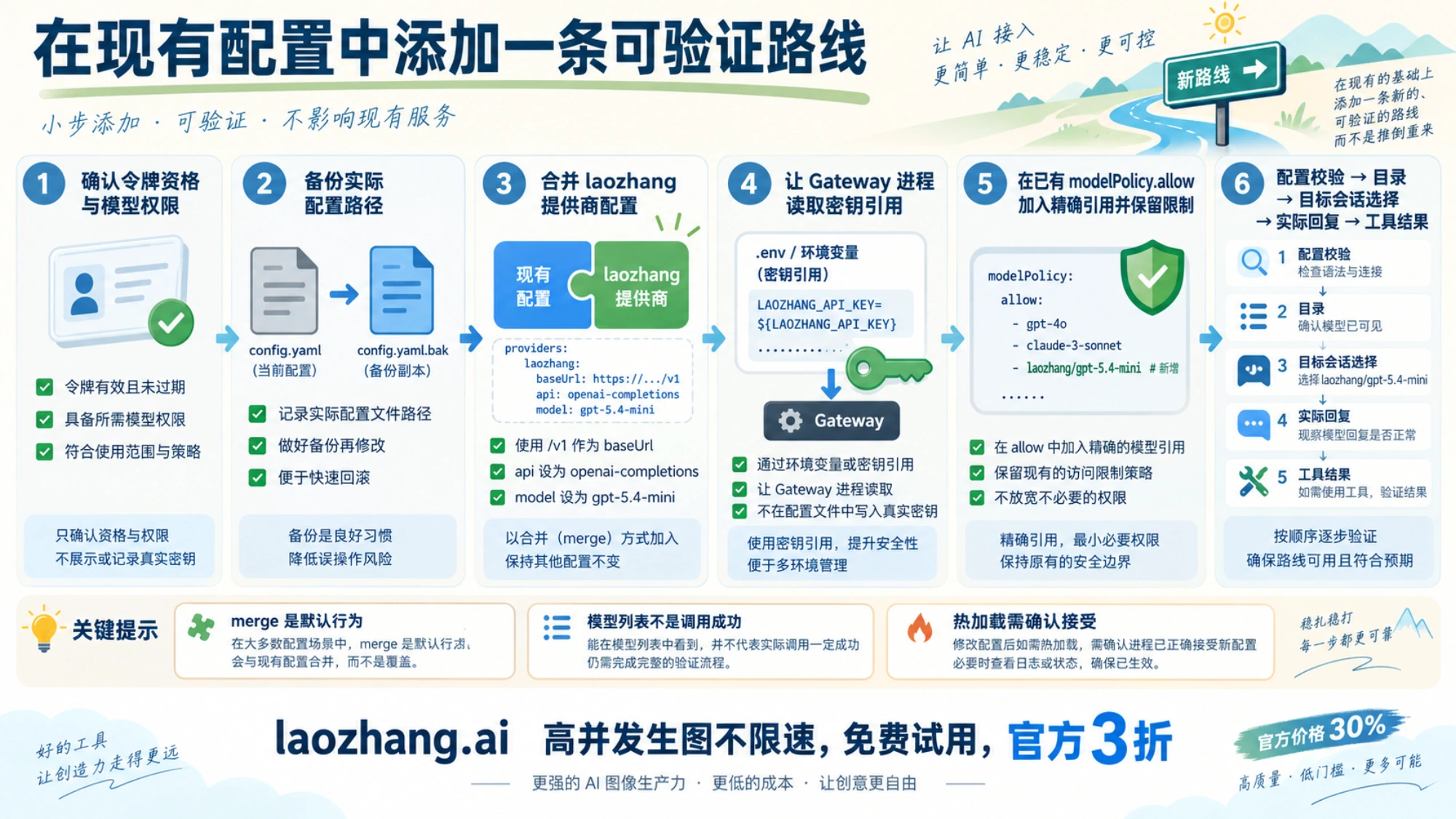 备份实际配置、合并提供商、保留模型限制并验证目标会话与工具的接入流程示意