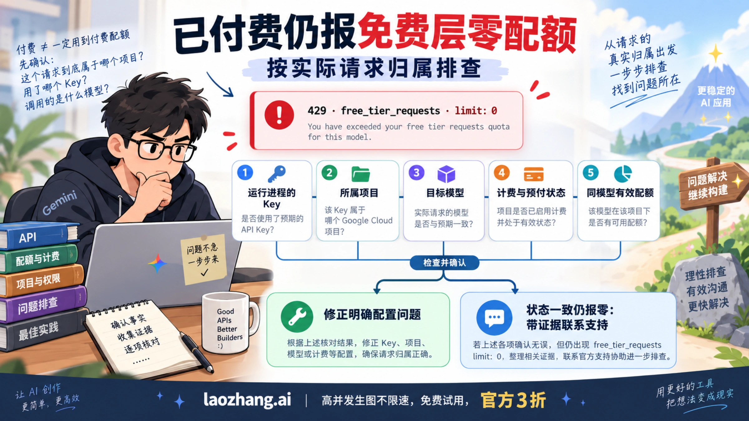 已付费仍返回免费层零配额时核对 Key、项目、模型、计费与有效配额