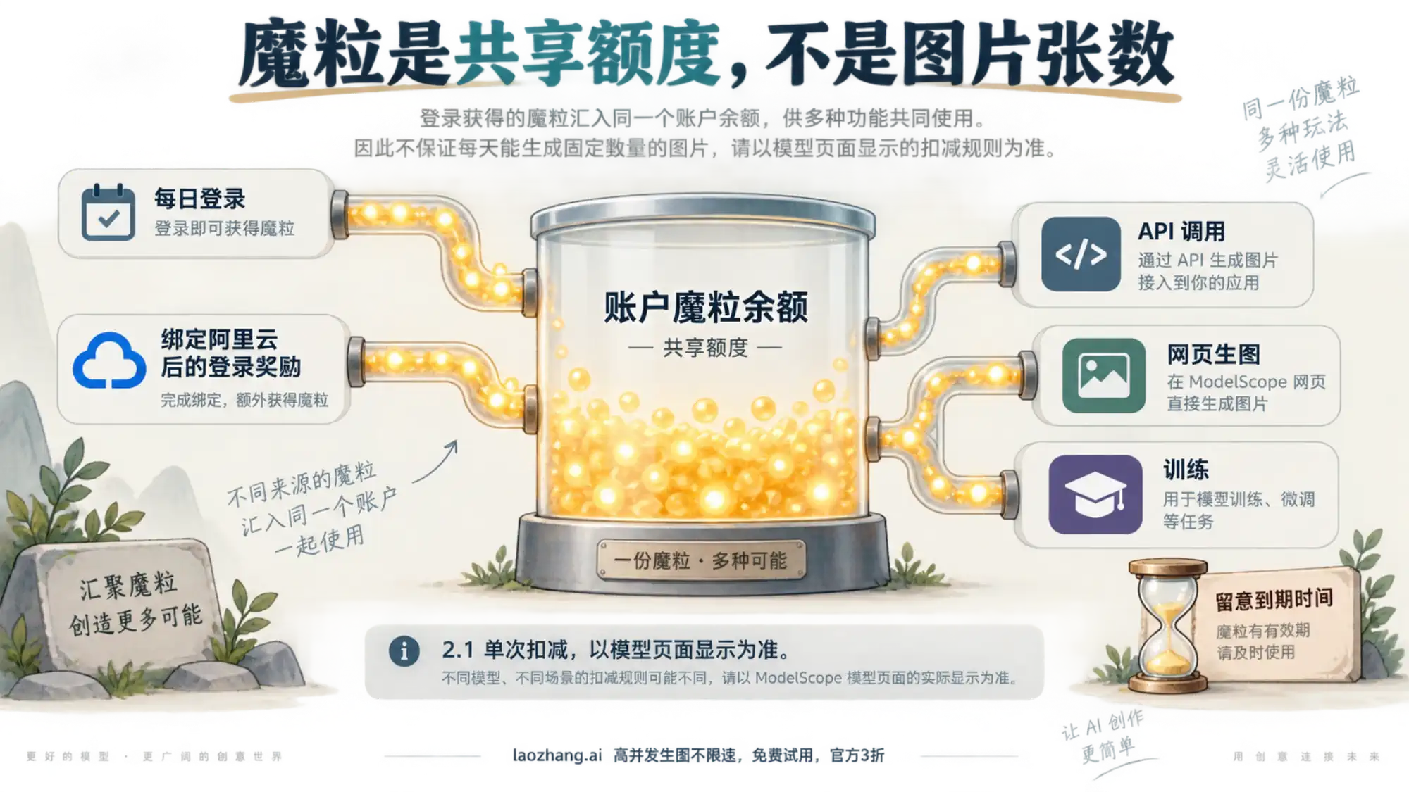魔粒汇入同一账户余额，并供 API、网页生图和训练共同使用的概念图