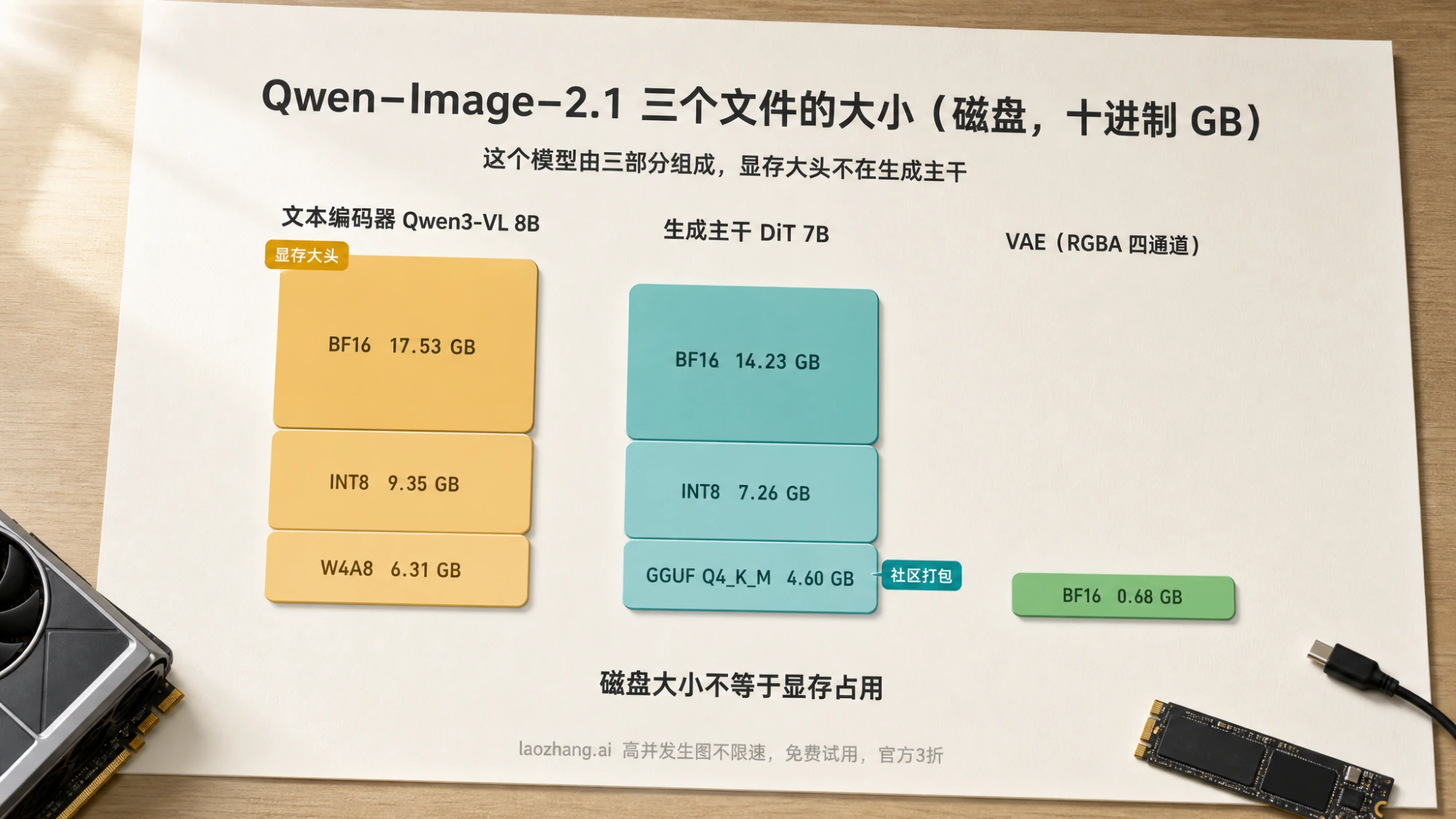 Qwen-Image-2.1 三个组成文件的磁盘大小对比：文本编码器 BF16/INT8/W4A8、生成主干 BF16/INT8/GGUF、VAE