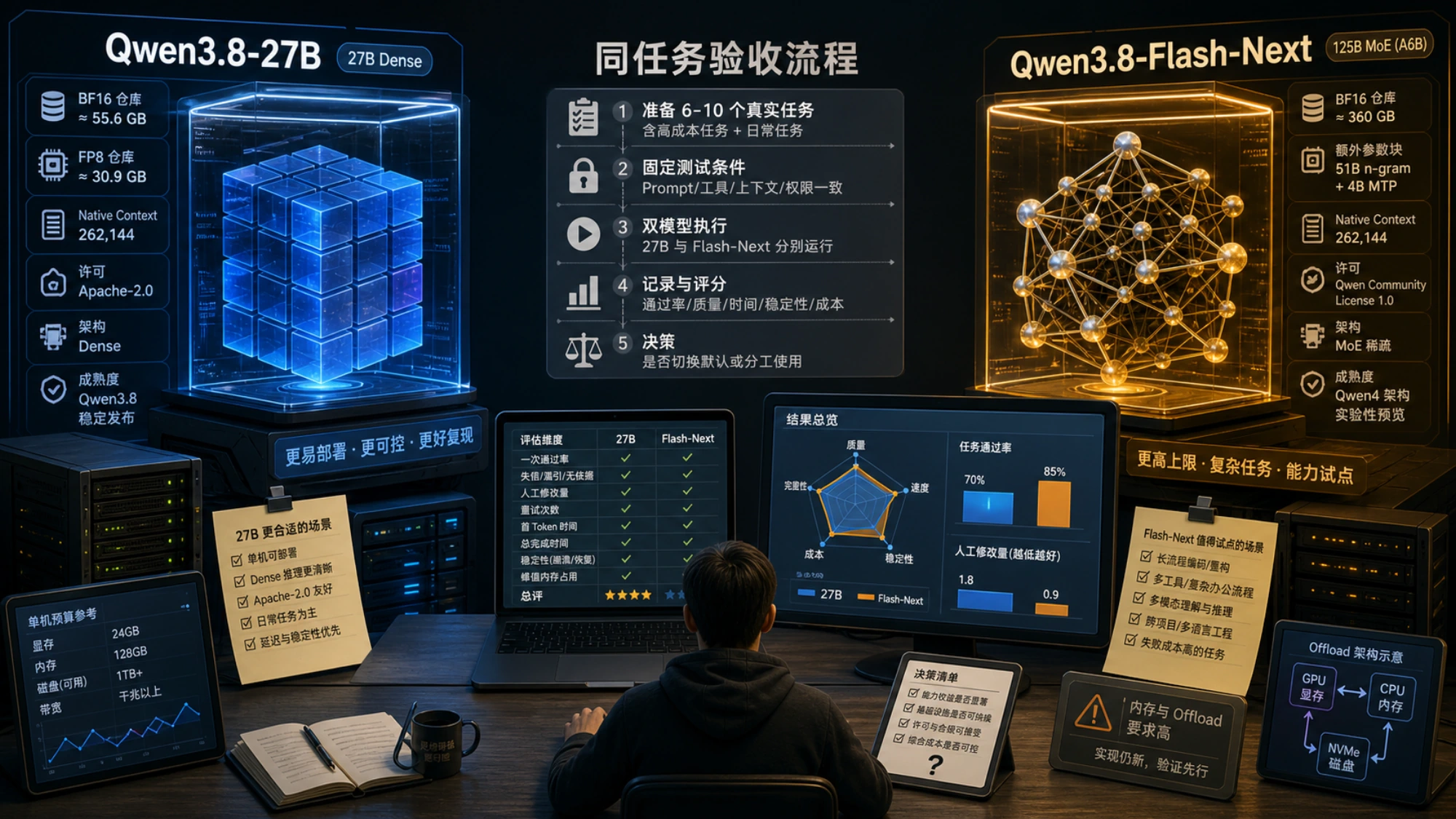Qwen3.8 Flash-Next 与 27B 的同任务验收流程,记录质量、时间、稳定性和人工修改量
