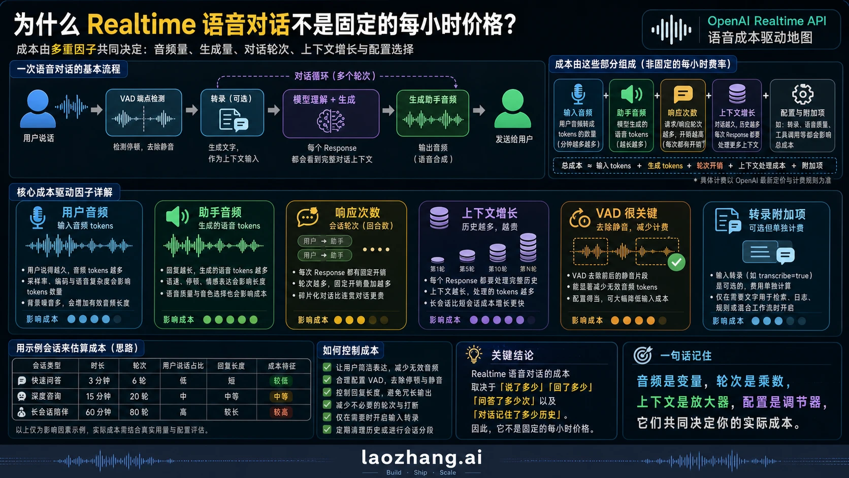 Realtime 语音代理成本由用户音频、助手音频、Response、历史增长、VAD 和输入转录共同决定。