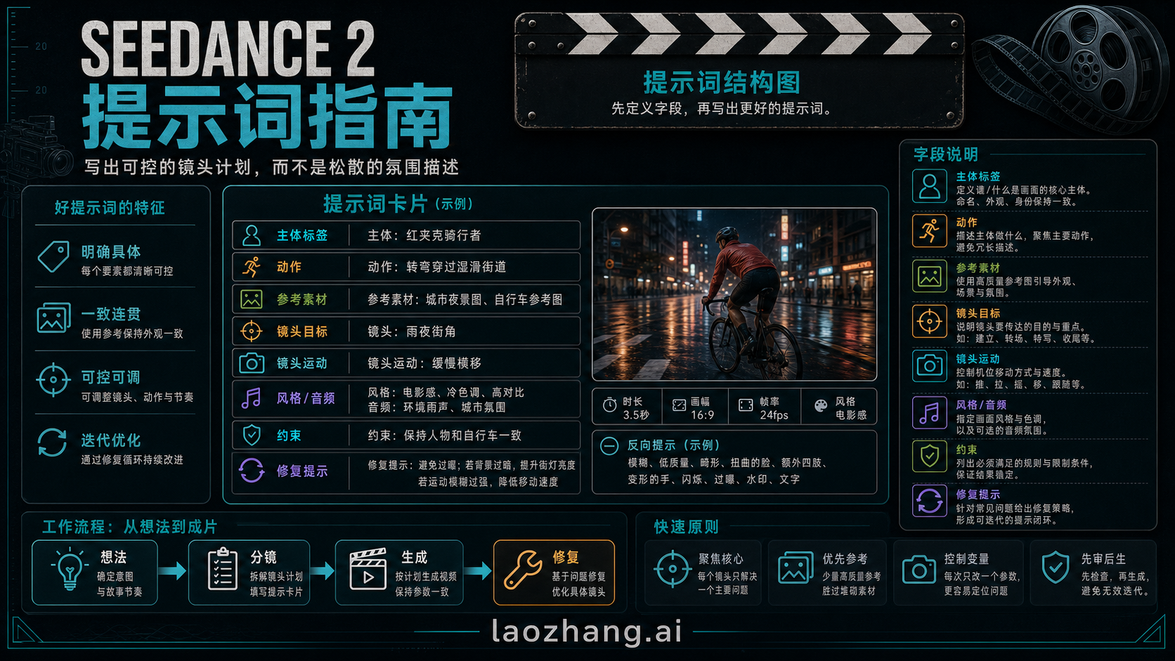 Seedance 2 提示词结构图,展示提示词卡片字段和示例