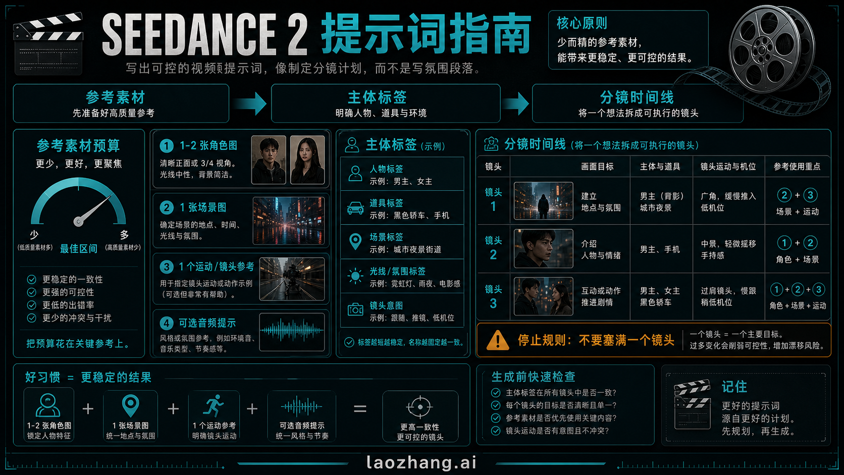 Seedance 2 参考素材与分镜规划图,展示素材预算、主体标签和时间线