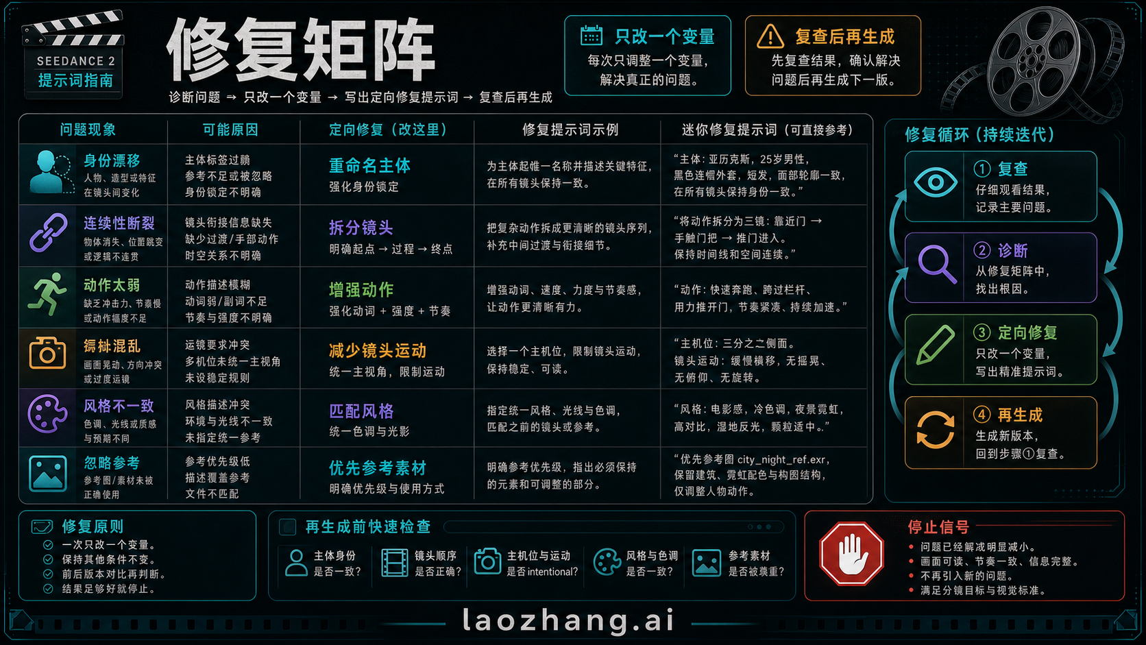 Seedance 2 修复矩阵,展示身份漂移、连续性断裂、镜头混乱和定向修复