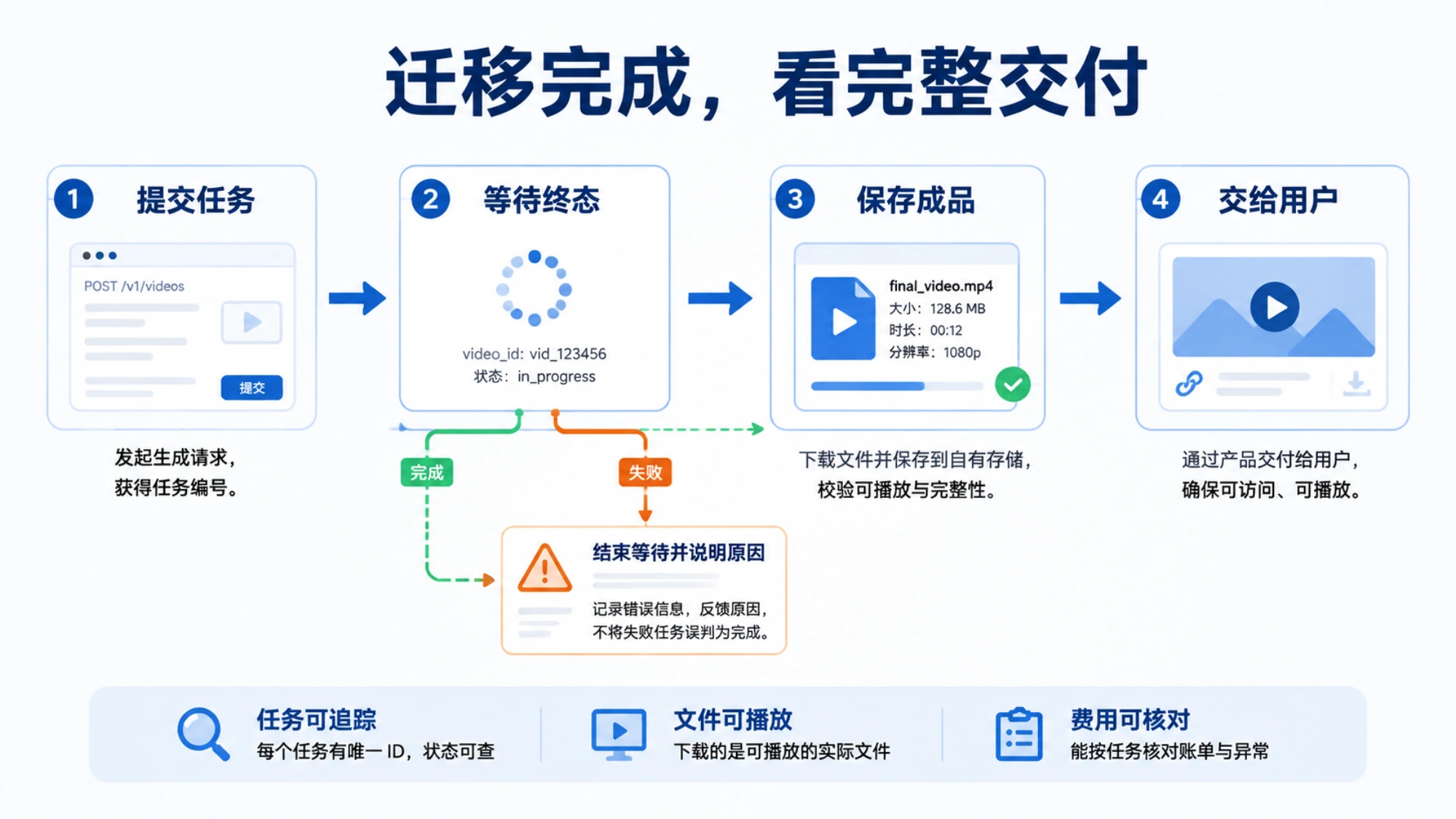 迁移验收从提交任务、等待完成或失败,到保存成品和交给用户,并核对任务、文件与费用
