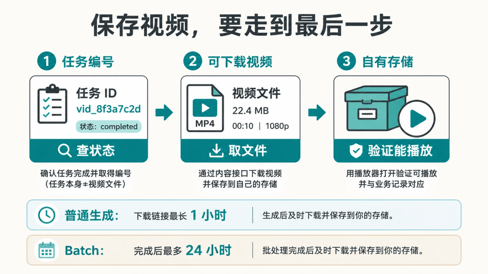 从任务编号、下载视频到自有存储的保存流程,并区分普通生成与 Batch 的下载窗口