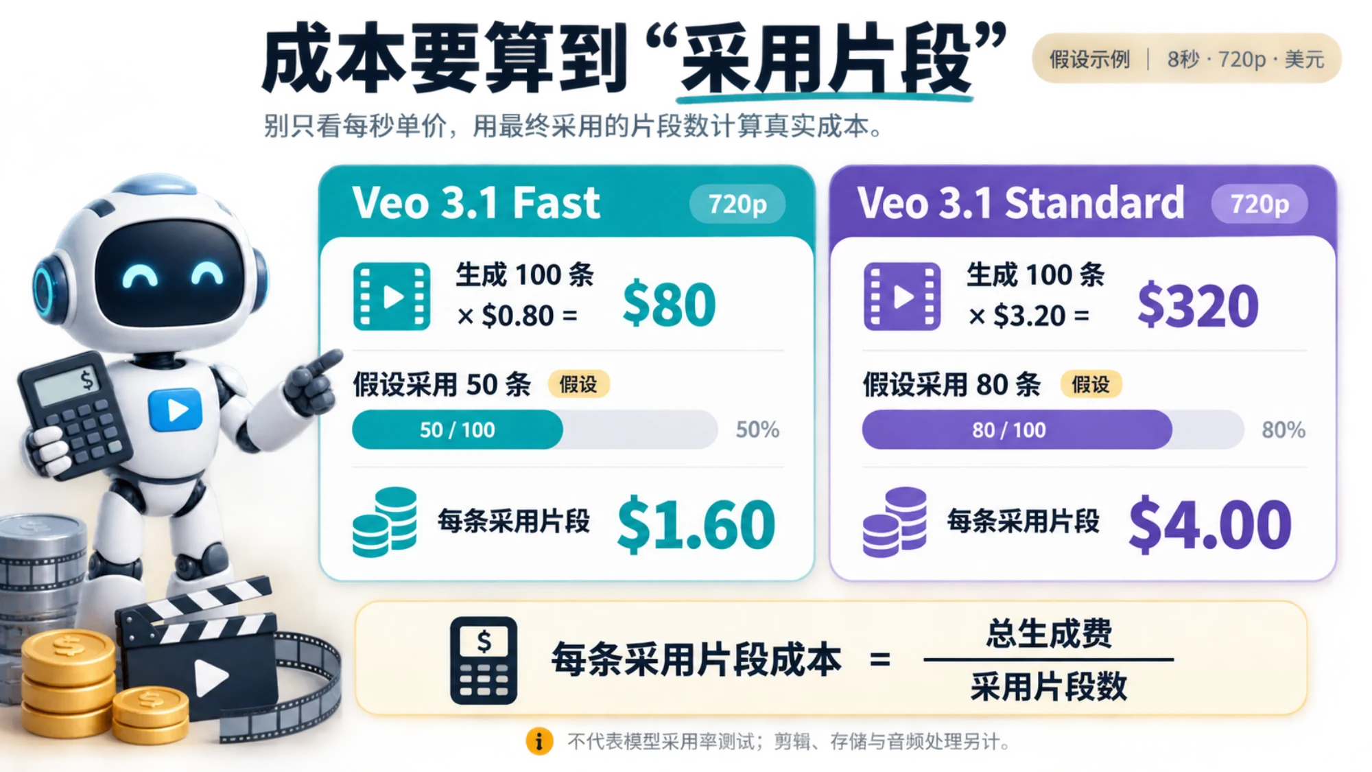 以假设采用数量计算 Veo Fast 与 Standard 每条采用片段生成成本的示例