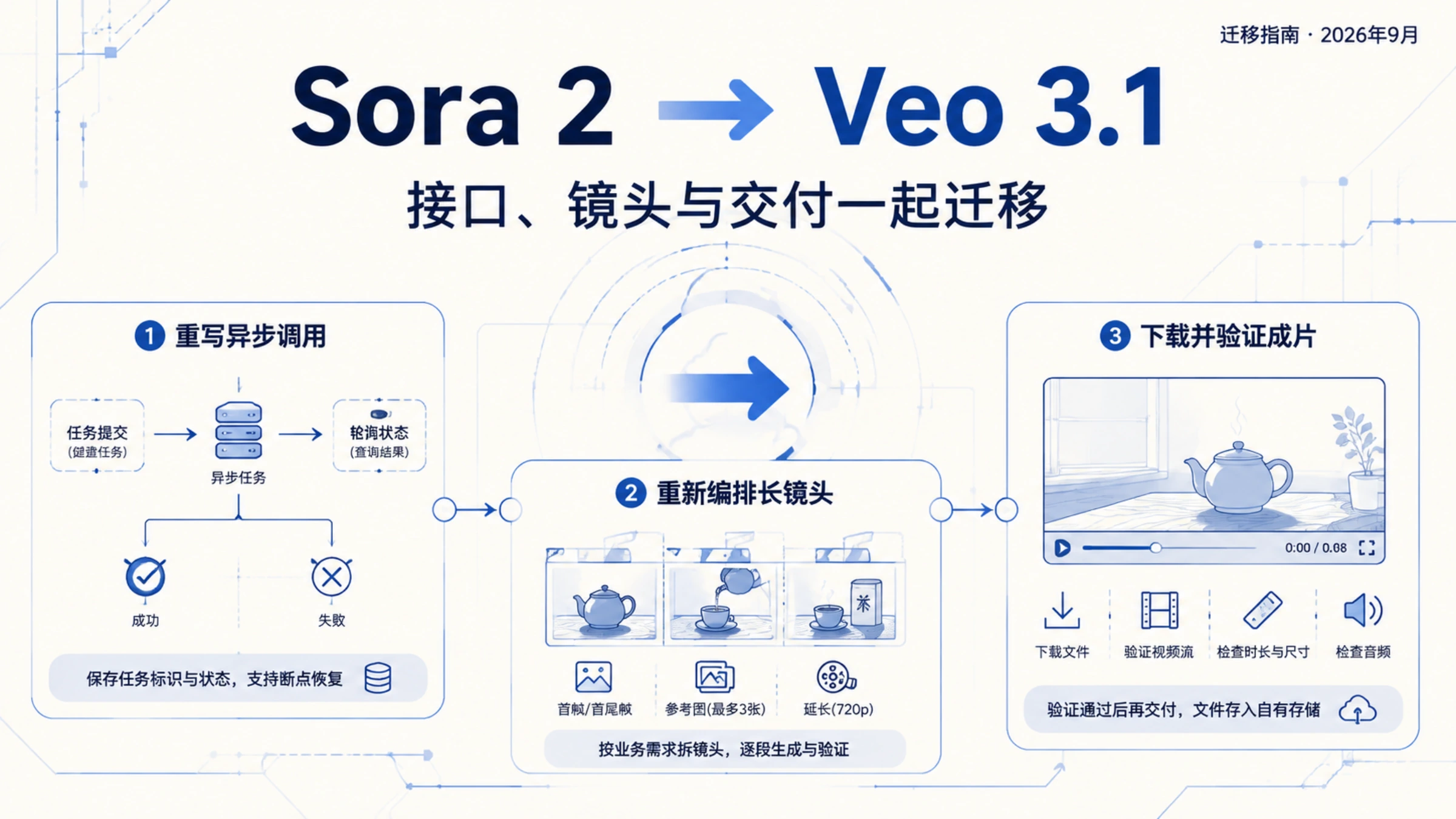 Sora 2 迁移到 Veo 3.1 的接口改造、长镜头编排与成片交付示意