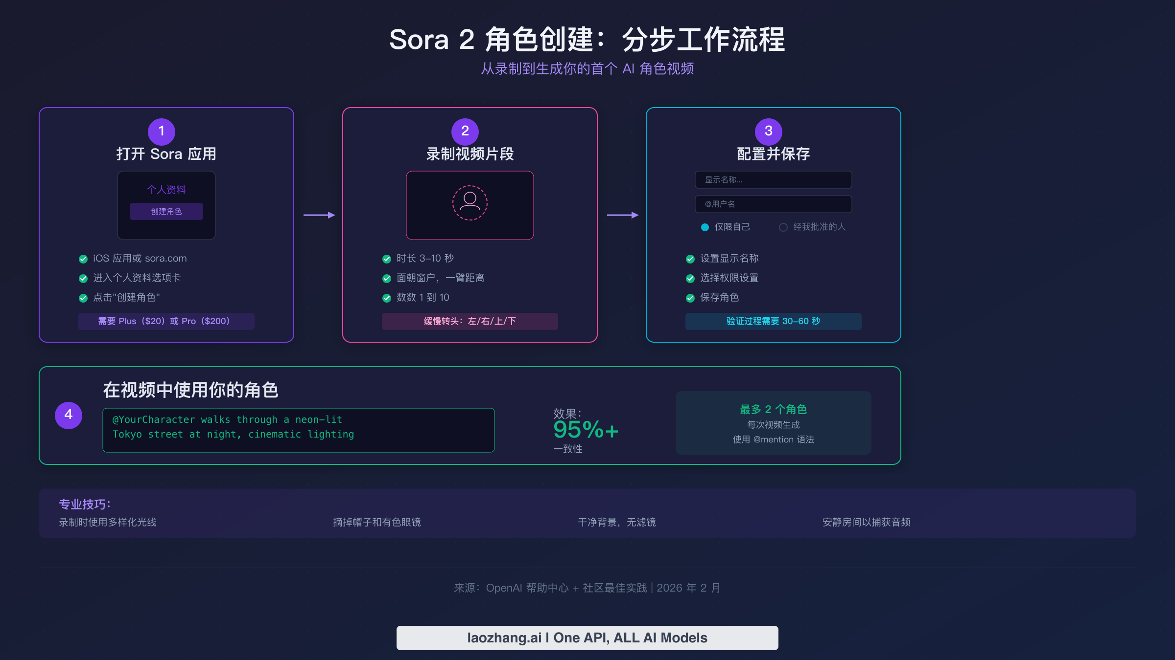 Sora 2 角色创建四步工作流程图,展示从录制到视频生成的完整步骤