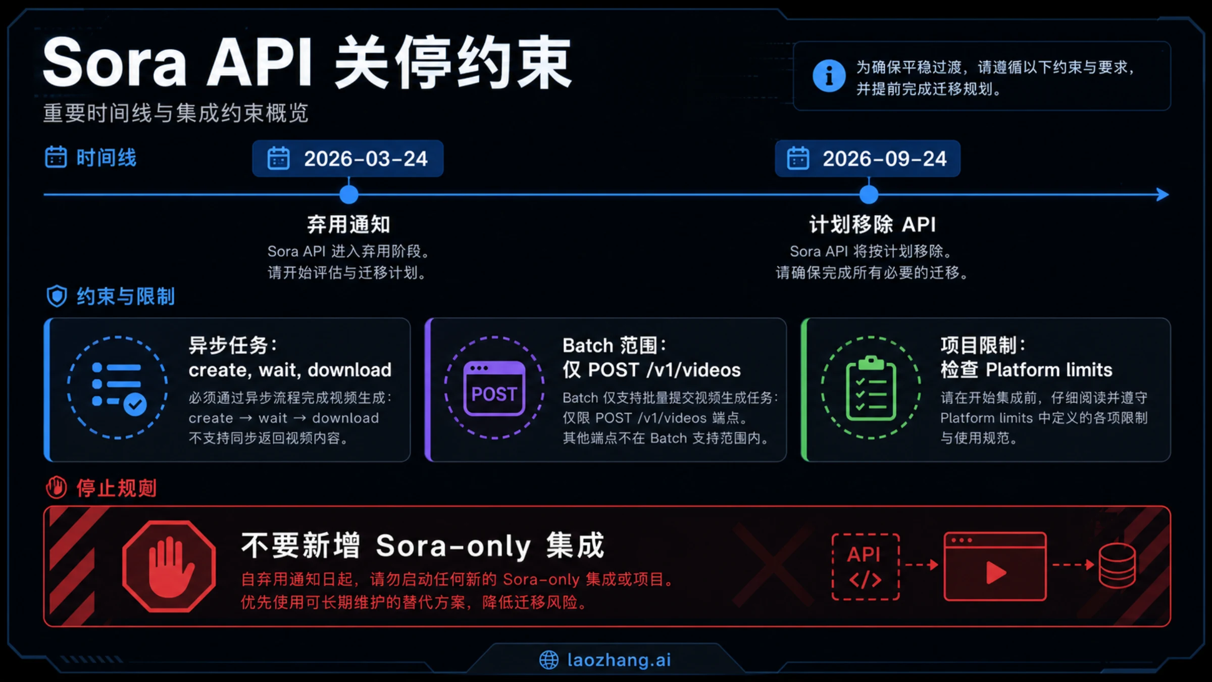 Sora API sunset board showing removal date, async jobs, Batch scope, and migration stop rule