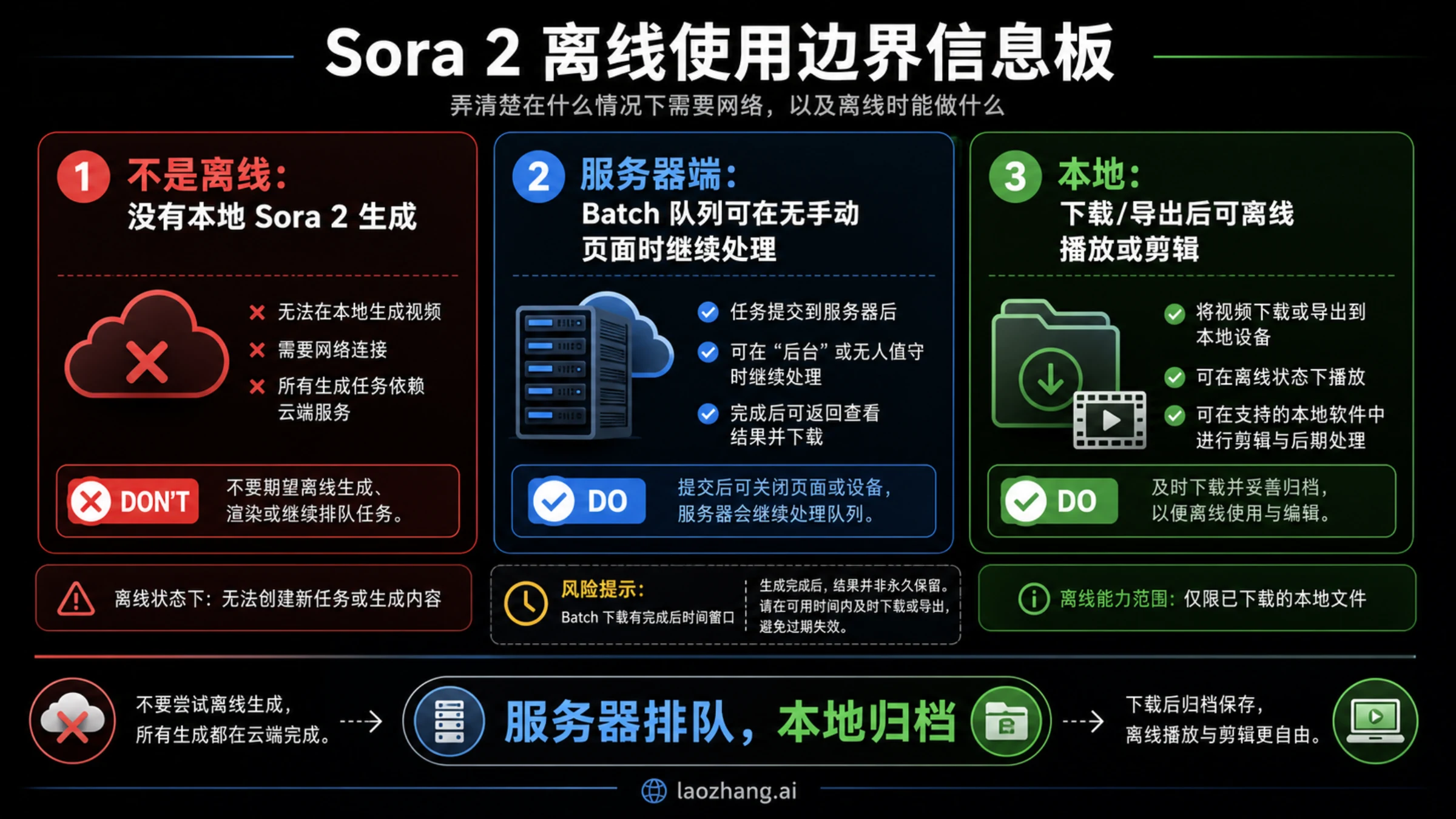 Offline-use boundary board separating local Sora generation, Batch queueing, downloaded playback, and download-window risk