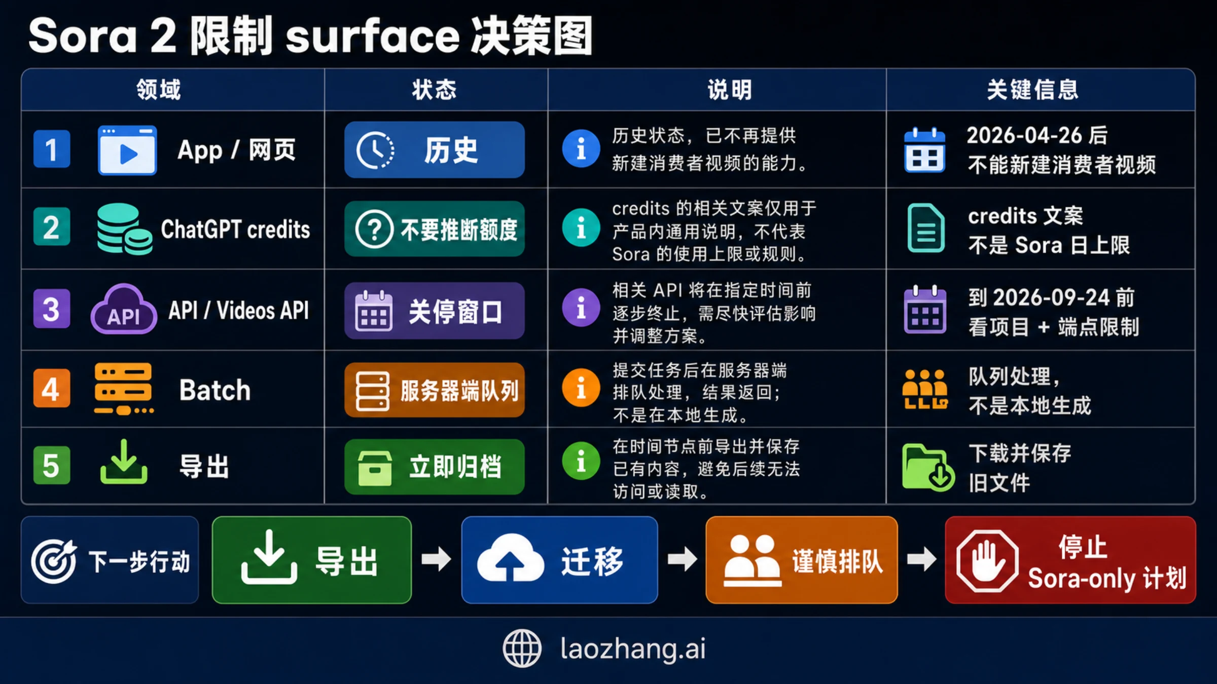 Sora 2 surface map showing historical caps, API-bound limits, export-only actions, and migration moves