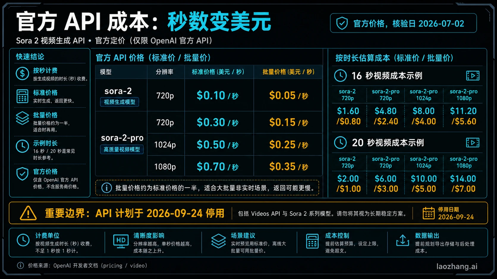 官方 Sora 2 API 成本计算板,显示秒级价格和视频示例