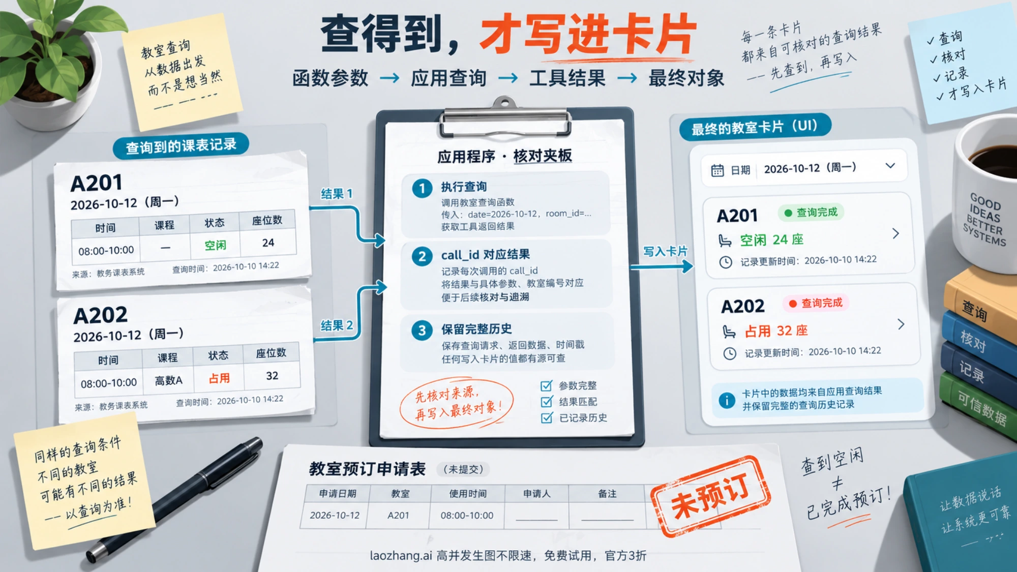 两间教室的源记录经应用查询和核对后进入最终卡片，查询与预订分开验收的概念示意