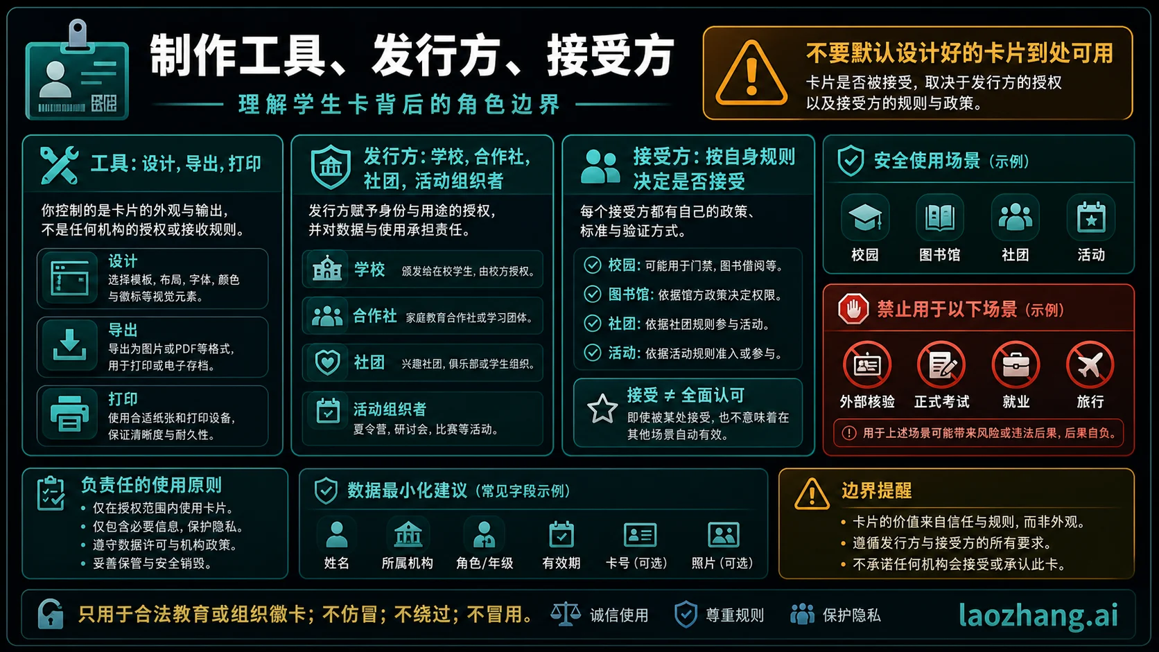 制作工具、发行方和接受方的边界图，说明漂亮设计不等于通用学生身份证明