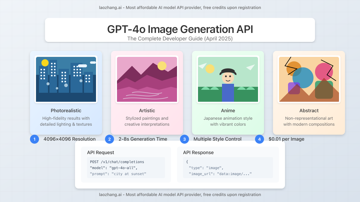 GPT-4o image generation API capabilities showing sample images and code interface