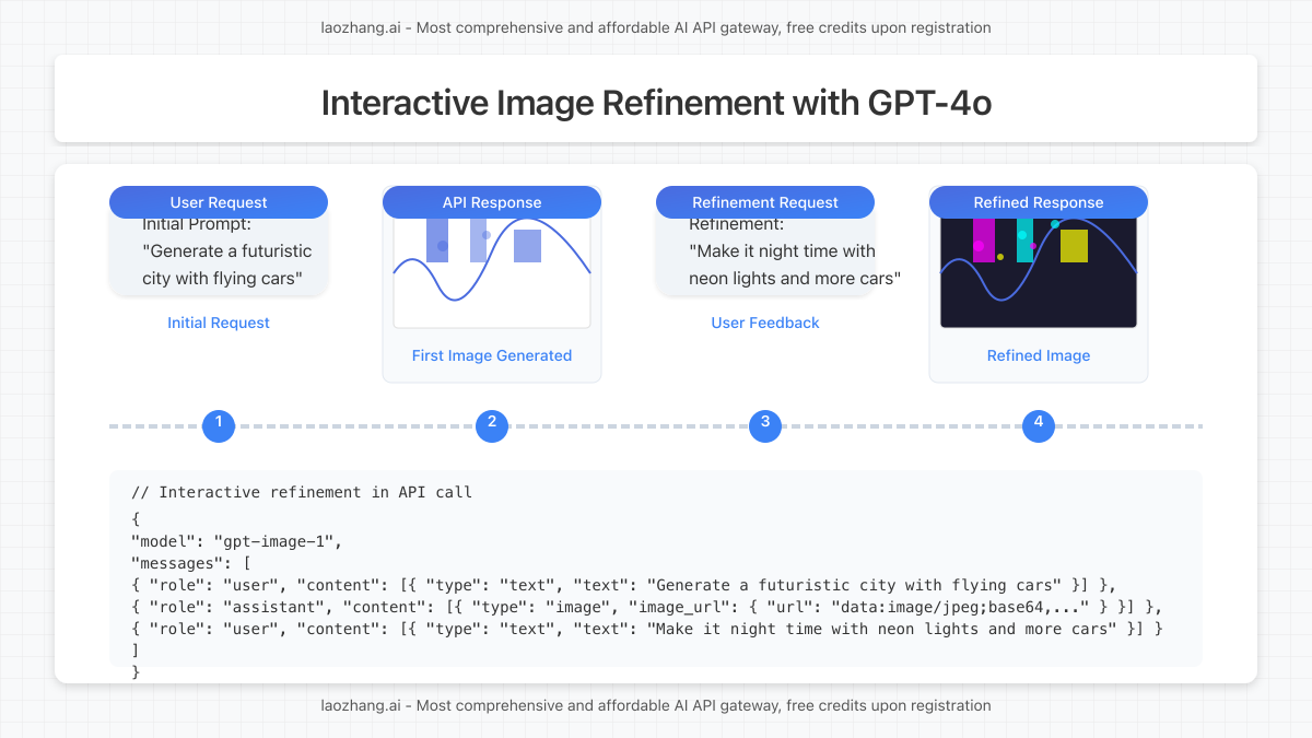 Interactive refinement process showing original prompt, image, feedback, and improved image