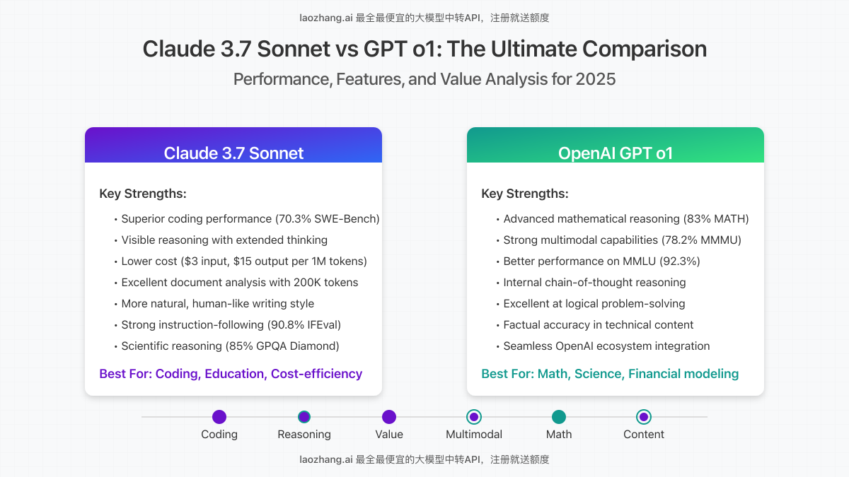 Claude 3.7 Sonnet vs GPT o1 comparison showing key features and differences