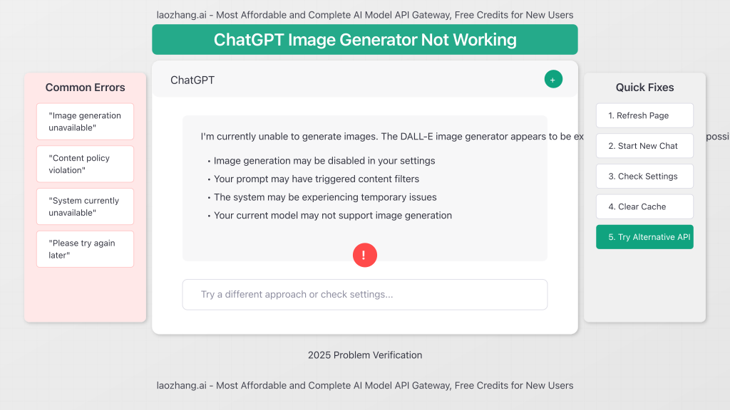 ChatGPT image generator error with troubleshooting interface