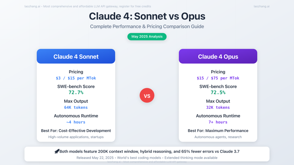 Claude 4 Sonnet vs Opus comparison overview with performance metrics and pricing