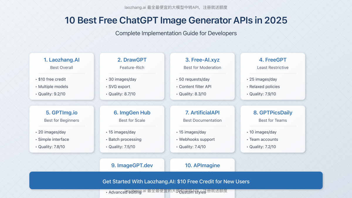 Comparison of top 10 free ChatGPT image generator APIs with pricing and feature highlights