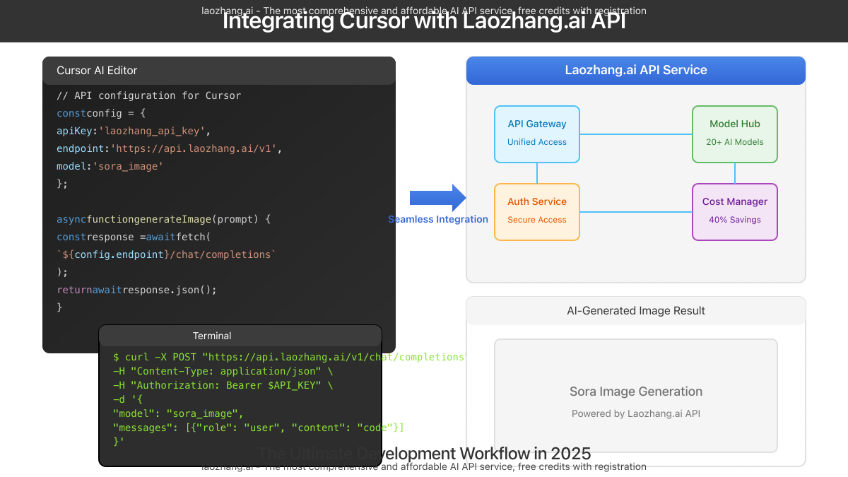 Integrating Cursor with Laozhang.ai API illustration showing code editor interface connected to API endpoints