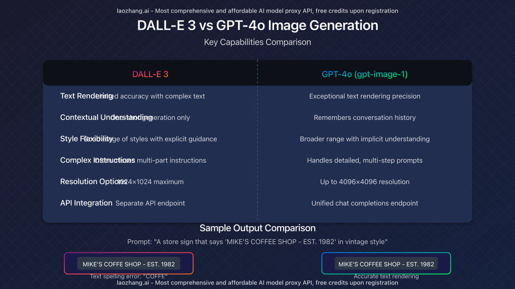 Comparison between DALL-E 3 and GPT-4o image generation capabilities with sample outputs