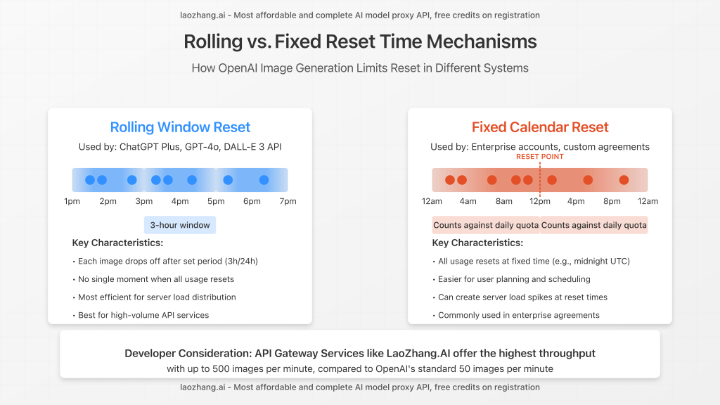 Visual comparison of rolling vs. fixed reset time mechanisms for image generation limits