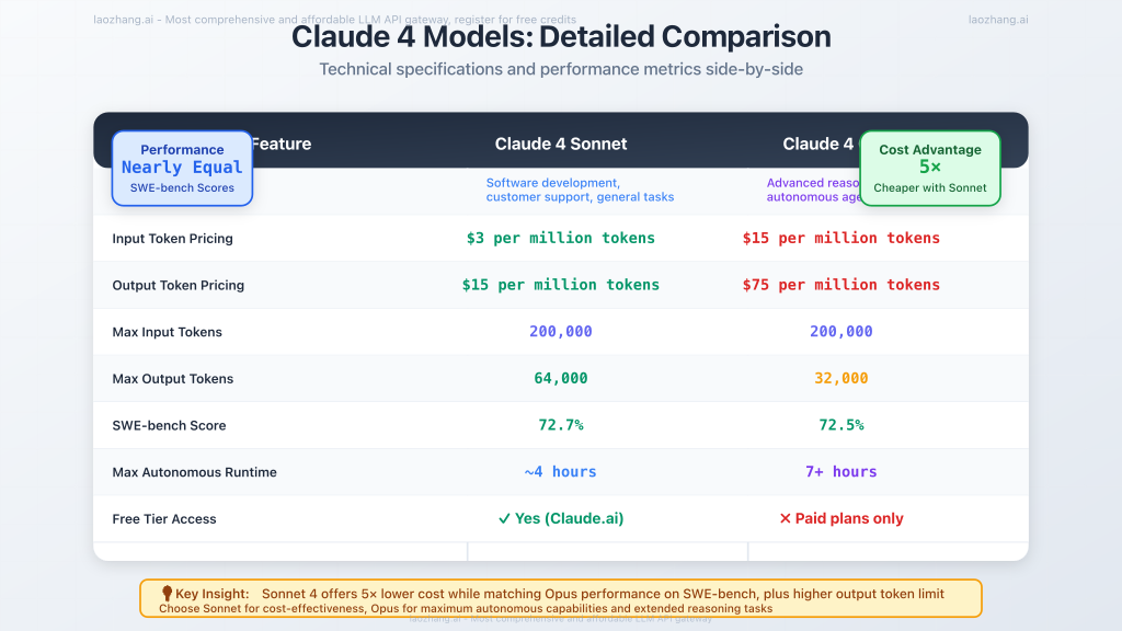 Side-by-side comparison table of Claude 4 Sonnet vs Opus specifications